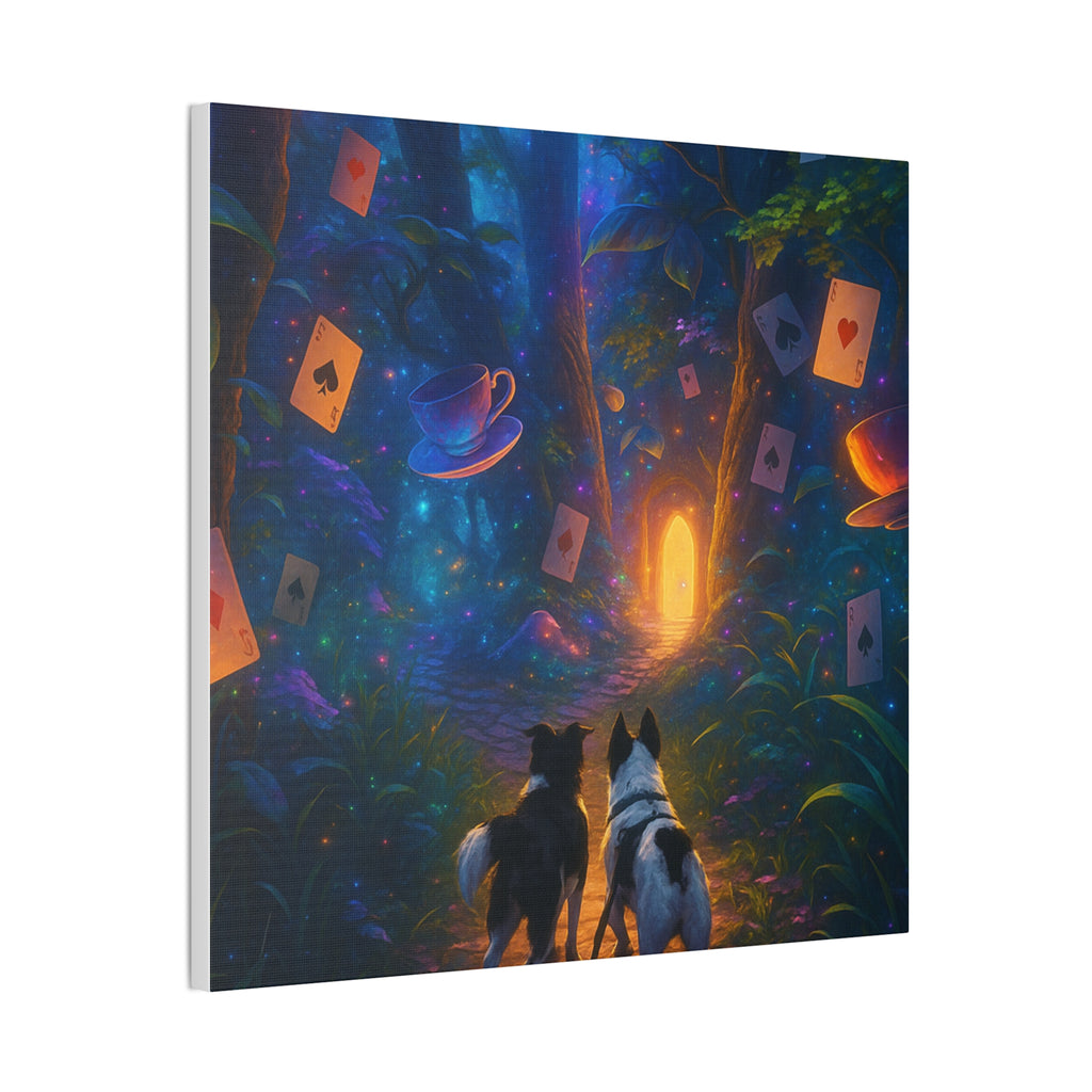 Magic Forest Canvas Wall Art — Dogs Exploring Wonderland with Glowing Door & Floating Playing Cards