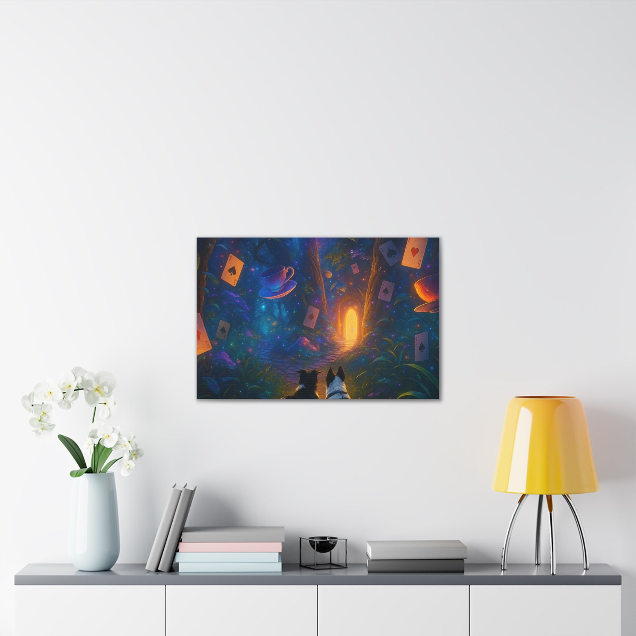 Magic Forest Canvas Wall Art — Dogs Exploring Wonderland with Glowing Door & Floating Playing Cards