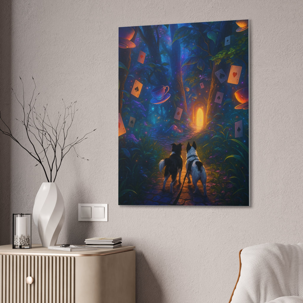 Magic Forest Canvas Wall Art — Dogs Exploring Wonderland with Glowing Door & Floating Playing Cards