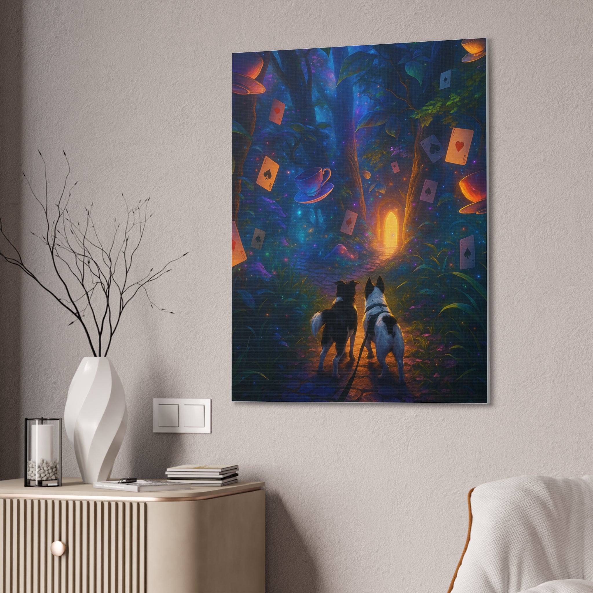 Magic Forest Canvas Wall Art — Dogs Exploring Wonderland with Glowing Door & Floating Playing Cards