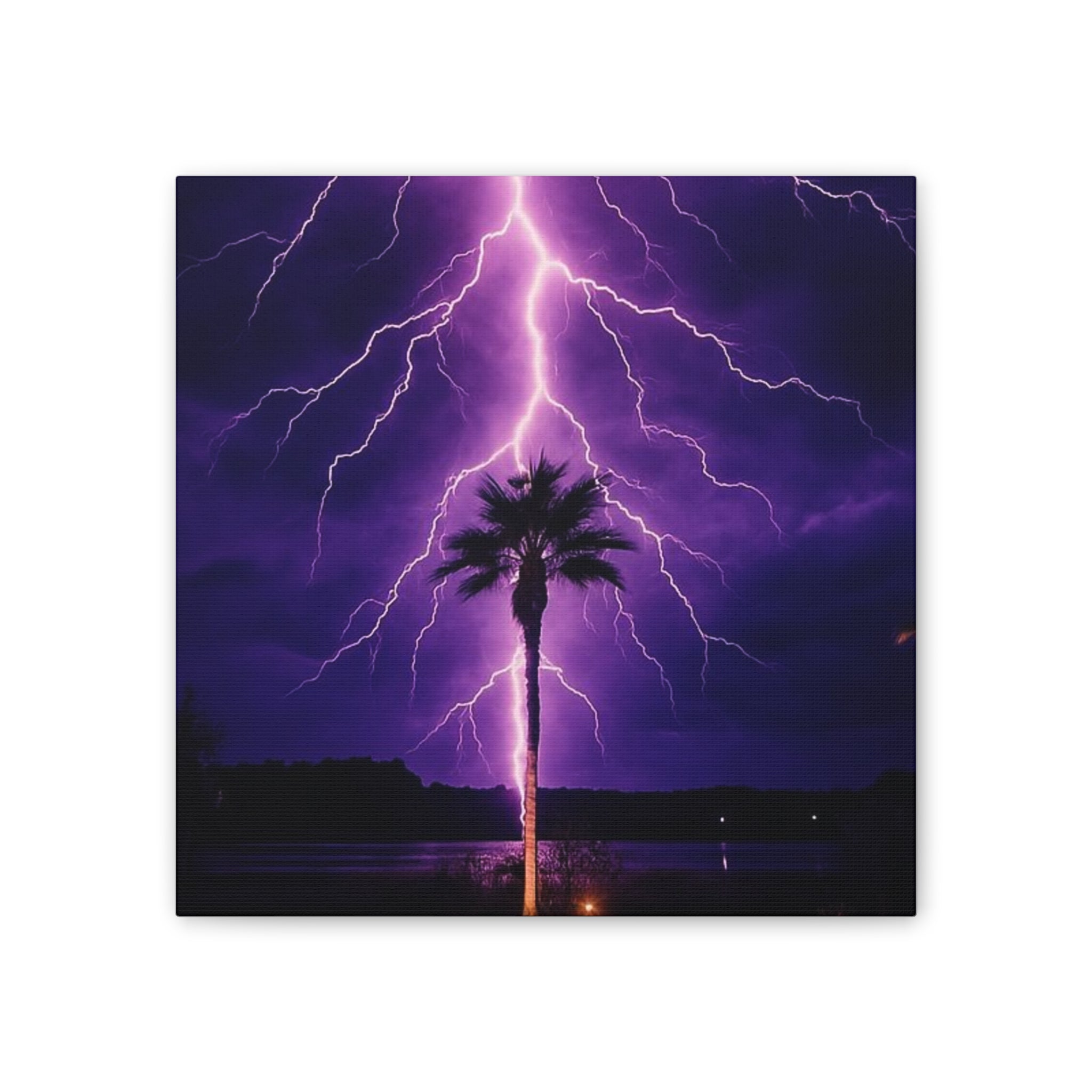 Purple Lightning Palm Tree Canvas Wall Art — Storm Photography Stretched Canvas
