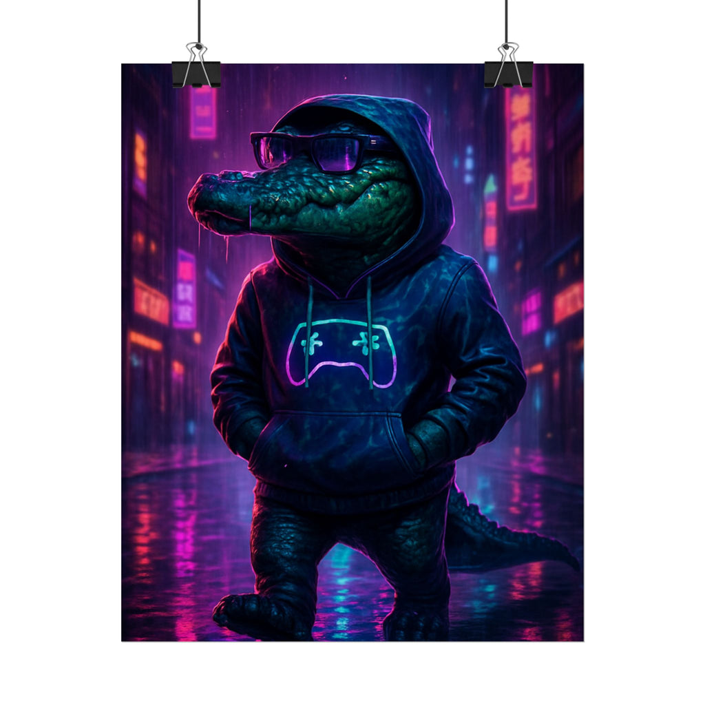 Rolled Posters - Florida Man Gaming Alligator Neon Gamer Hoodie Poster Print