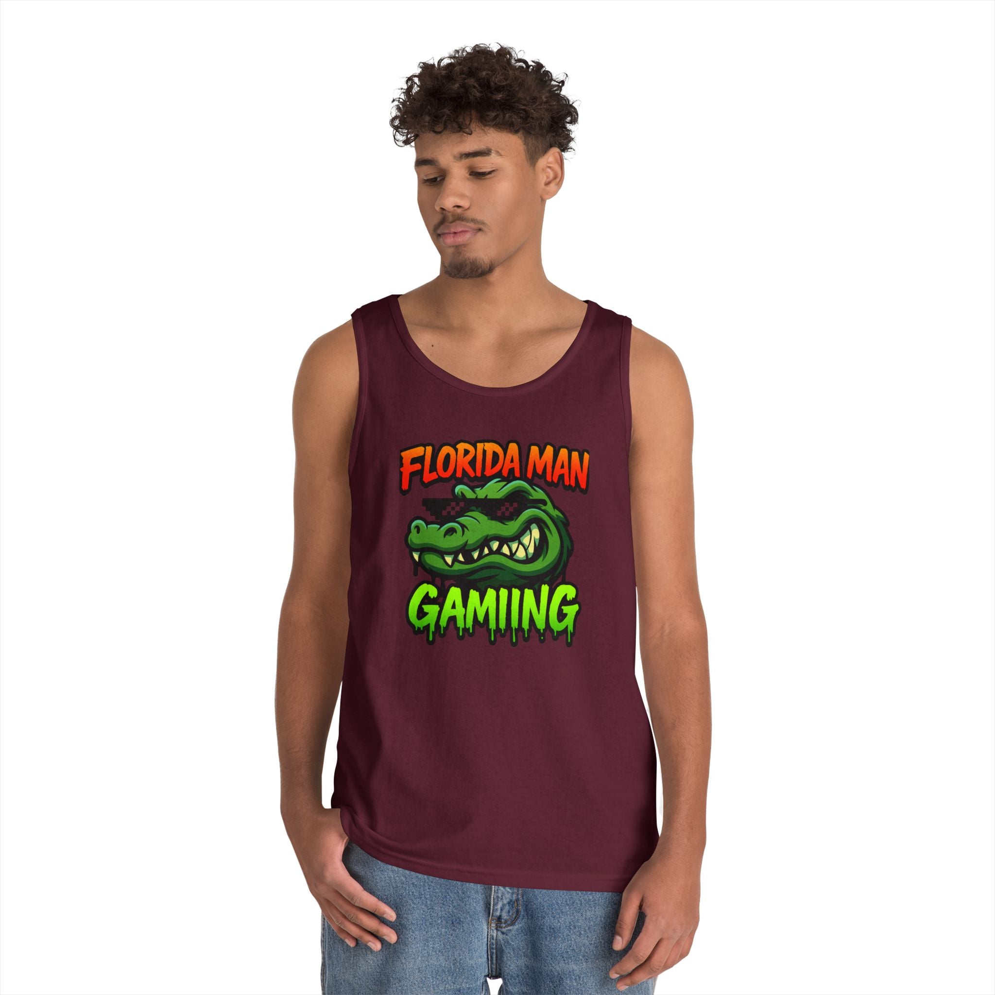 Florida Man Gaming Unisex Heavy Cotton Tank Top, Fun Summer Apparel, Gamer Gift, Casual Wear, Florida Themed Clothing