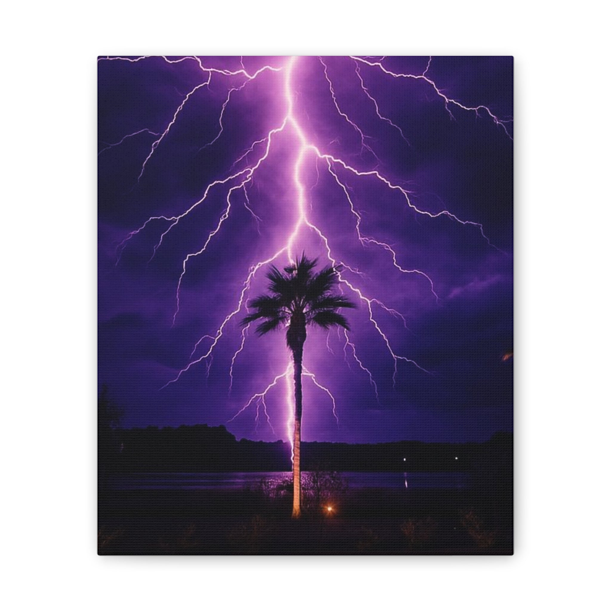 Purple Lightning Palm Tree Canvas Wall Art — Storm Photography Stretched Canvas