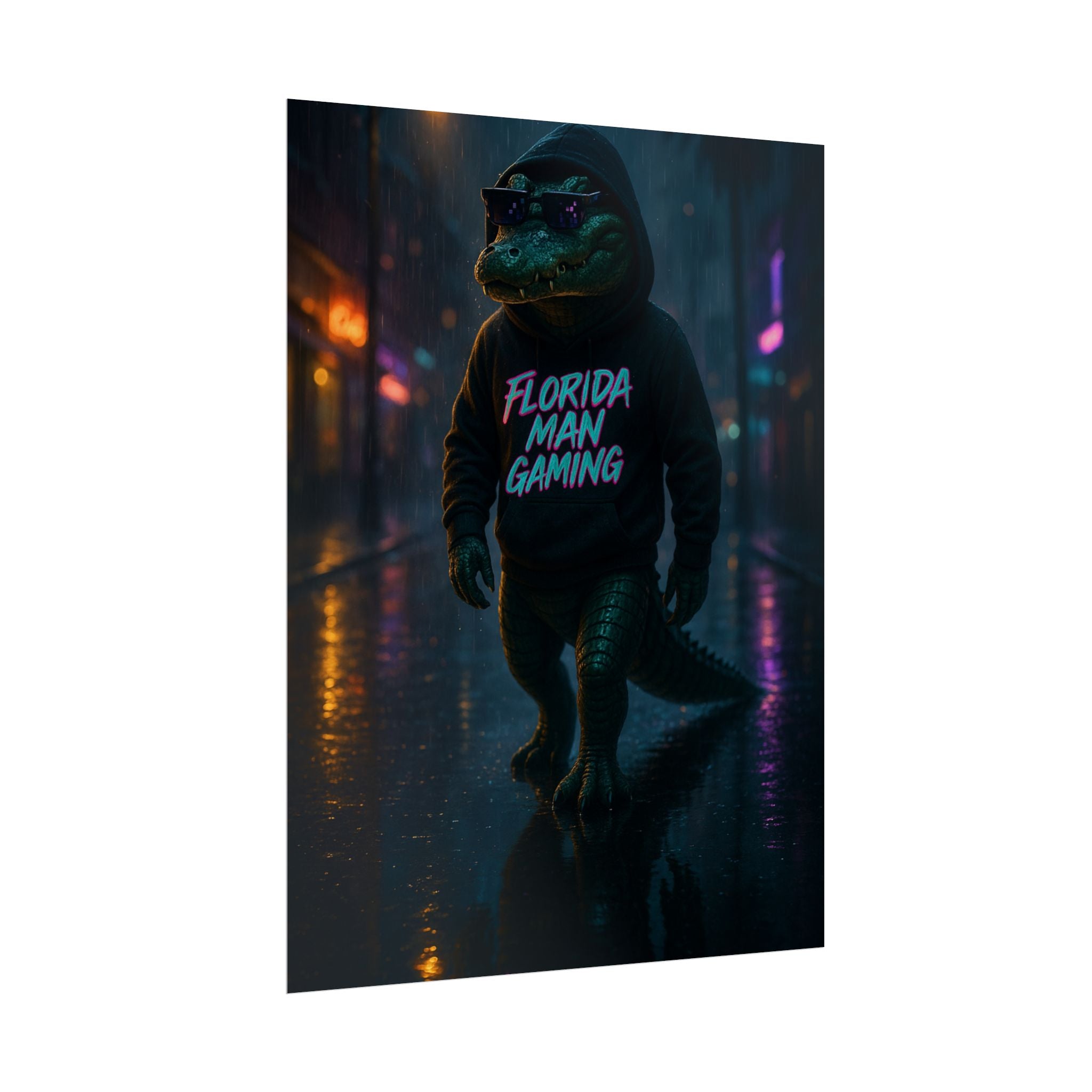Rolled Posters - Florida Man Gaming Alligator Neon Cyberpunk Scene