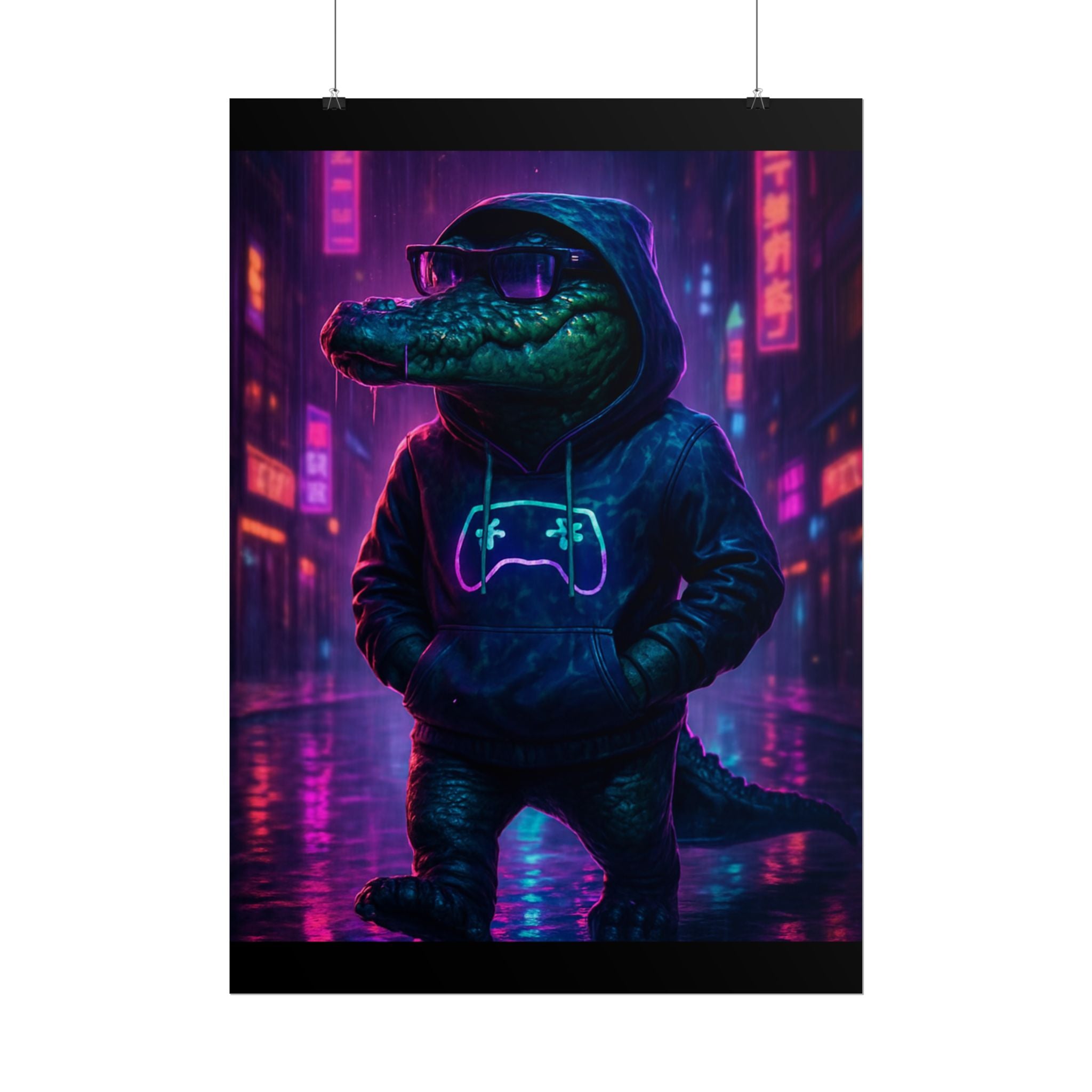 Rolled Posters - Florida Man Gaming Alligator Neon Gamer Hoodie Poster Print