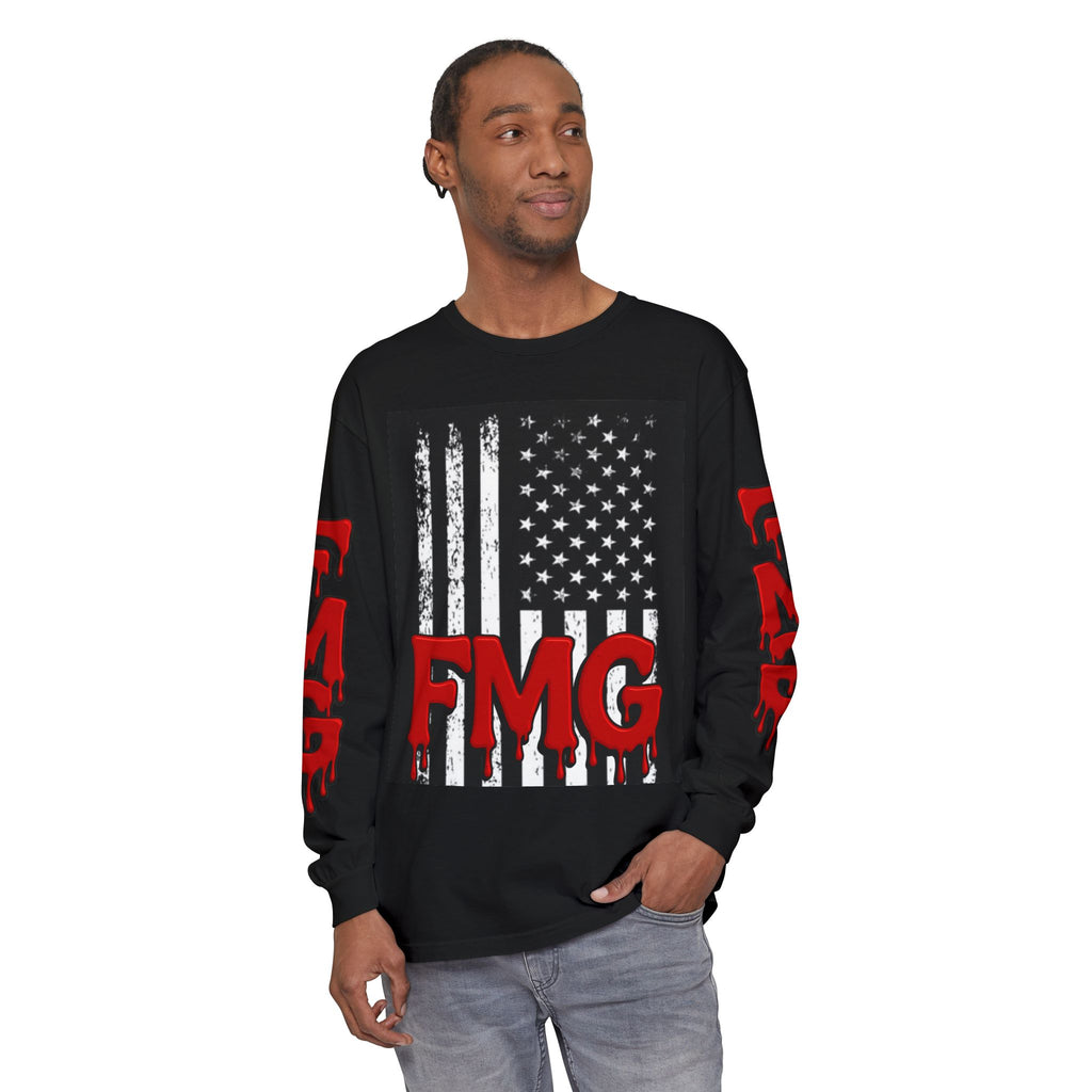 Long Sleeve T-Shirt — Distressed American Flag with Dripping "FMG" Sleeves