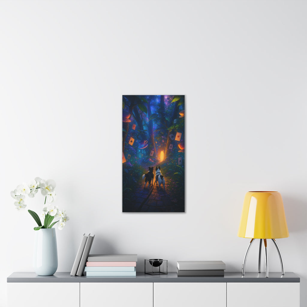 Magic Forest Canvas Wall Art — Dogs Exploring Wonderland with Glowing Door & Floating Playing Cards