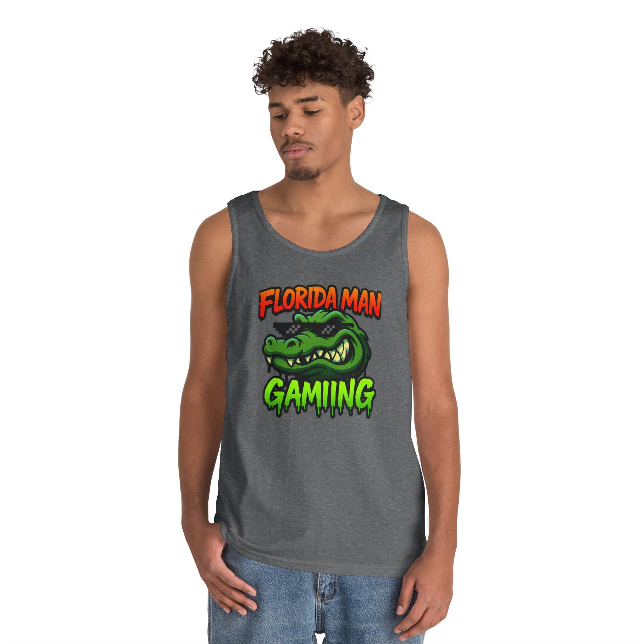 Florida Man Gaming Unisex Heavy Cotton Tank Top, Fun Summer Apparel, Gamer Gift, Casual Wear, Florida Themed Clothing