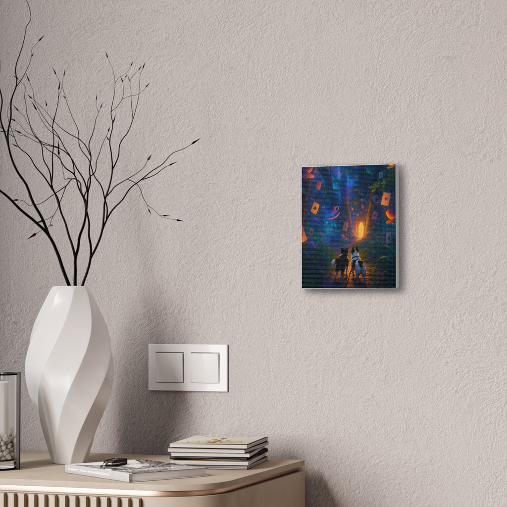 Magic Forest Canvas Wall Art — Dogs Exploring Wonderland with Glowing Door & Floating Playing Cards