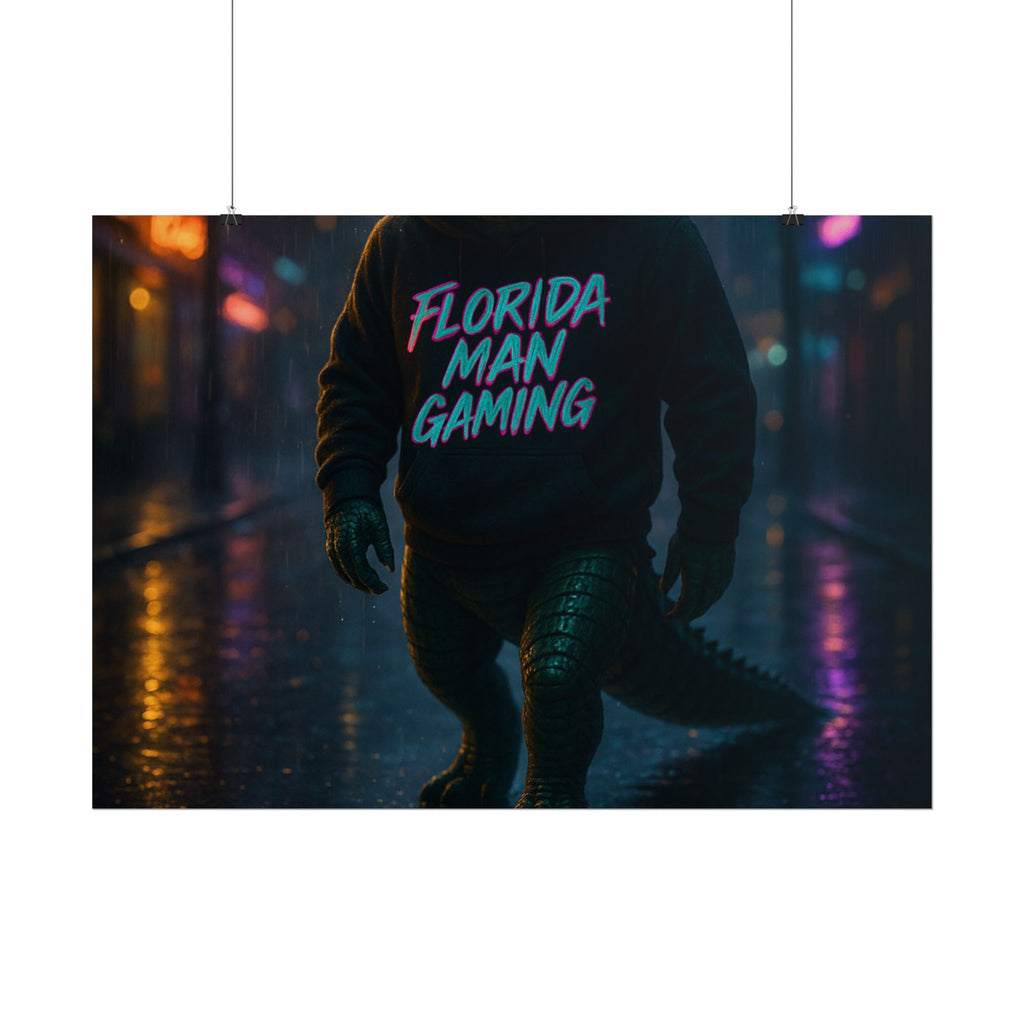 Rolled Posters - Florida Man Gaming Alligator Neon Cyberpunk Scene