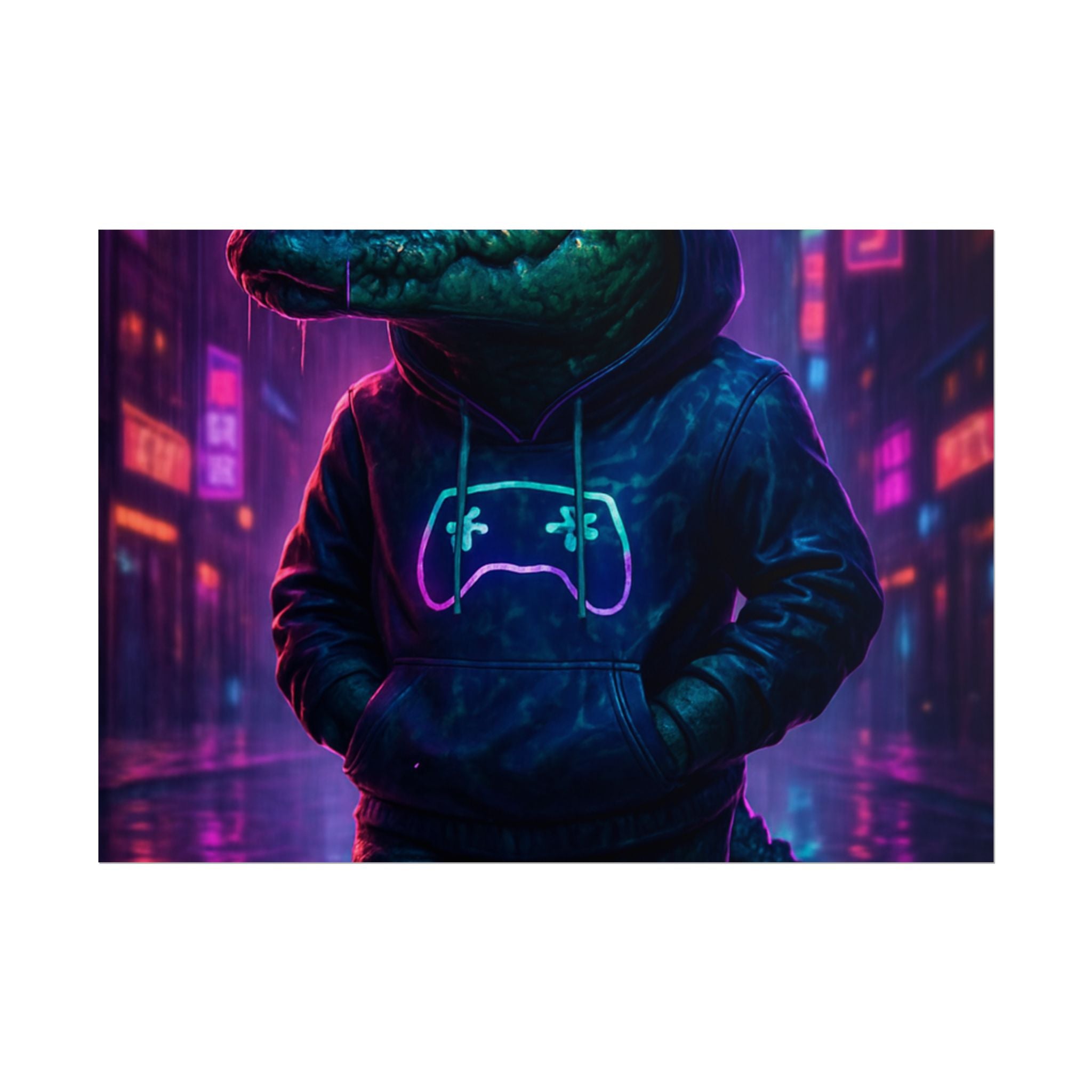 Rolled Posters - Florida Man Gaming Alligator Neon Gamer Hoodie Poster Print