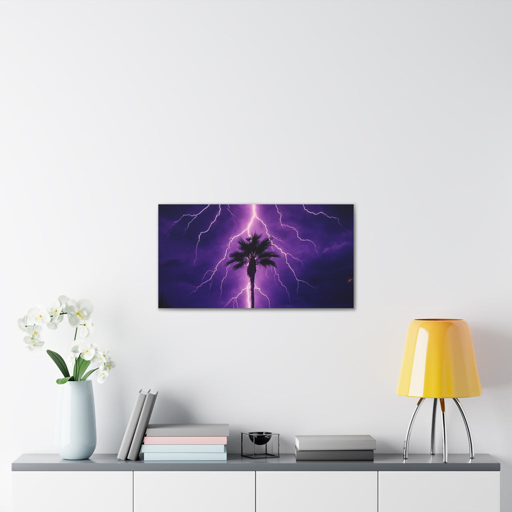 Purple Lightning Palm Tree Canvas Wall Art — Storm Photography Stretched Canvas