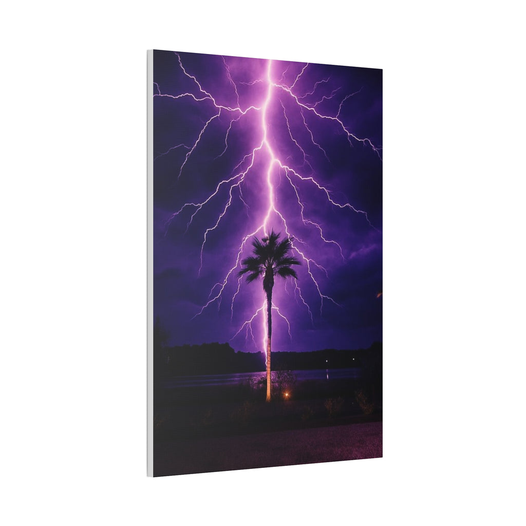 Purple Lightning Palm Tree Canvas Wall Art — Storm Photography Stretched Canvas