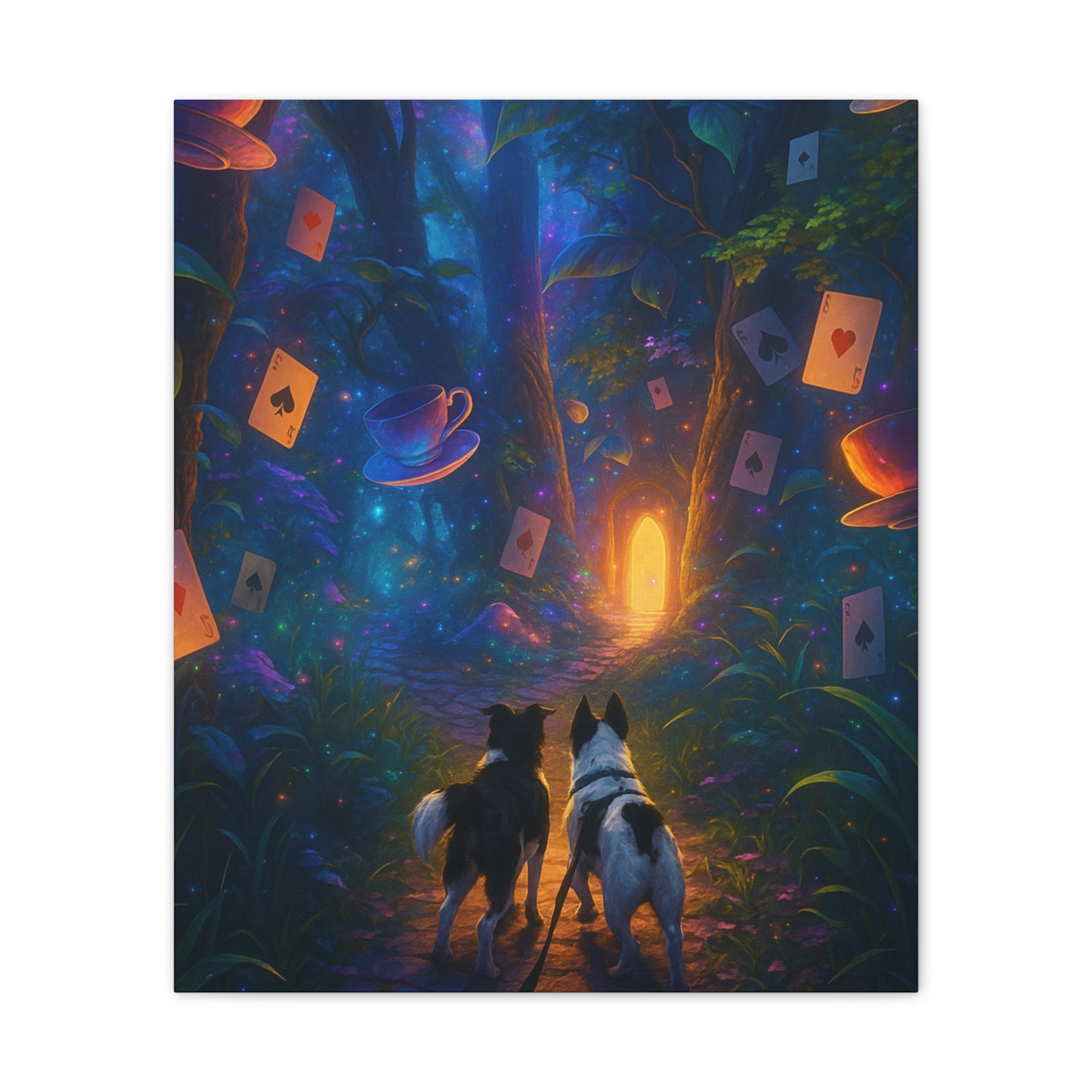Magic Forest Canvas Wall Art — Dogs Exploring Wonderland with Glowing Door & Floating Playing Cards