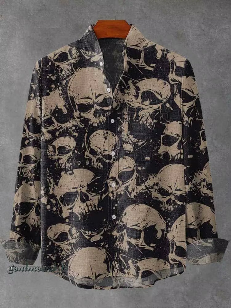 2025 Spring and Autumn Men'S Fashion Stand Collar Linen Long Sleeved Shirt Elegant Fragmented Pattern Printed Top