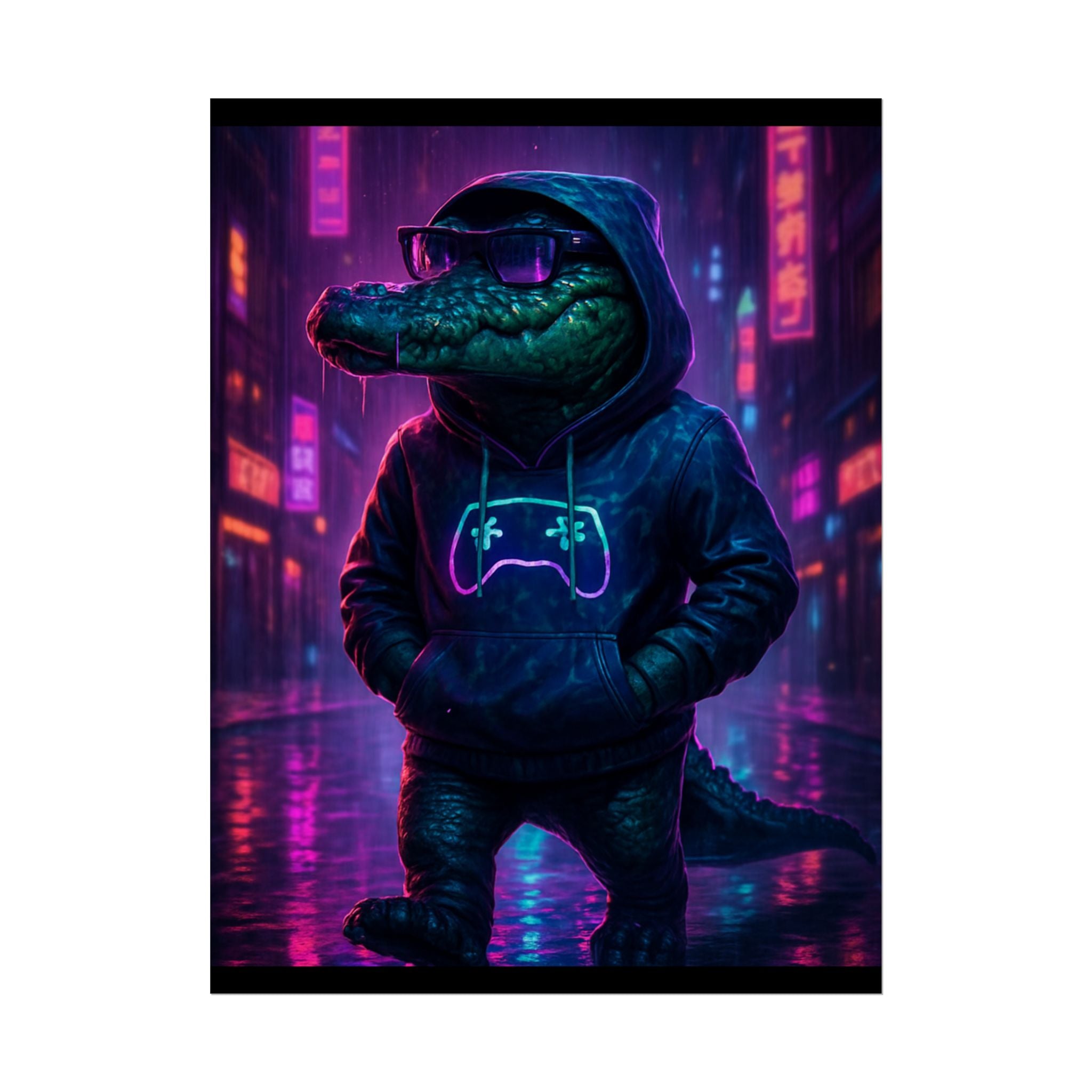 Rolled Posters - Florida Man Gaming Alligator Neon Gamer Hoodie Poster Print