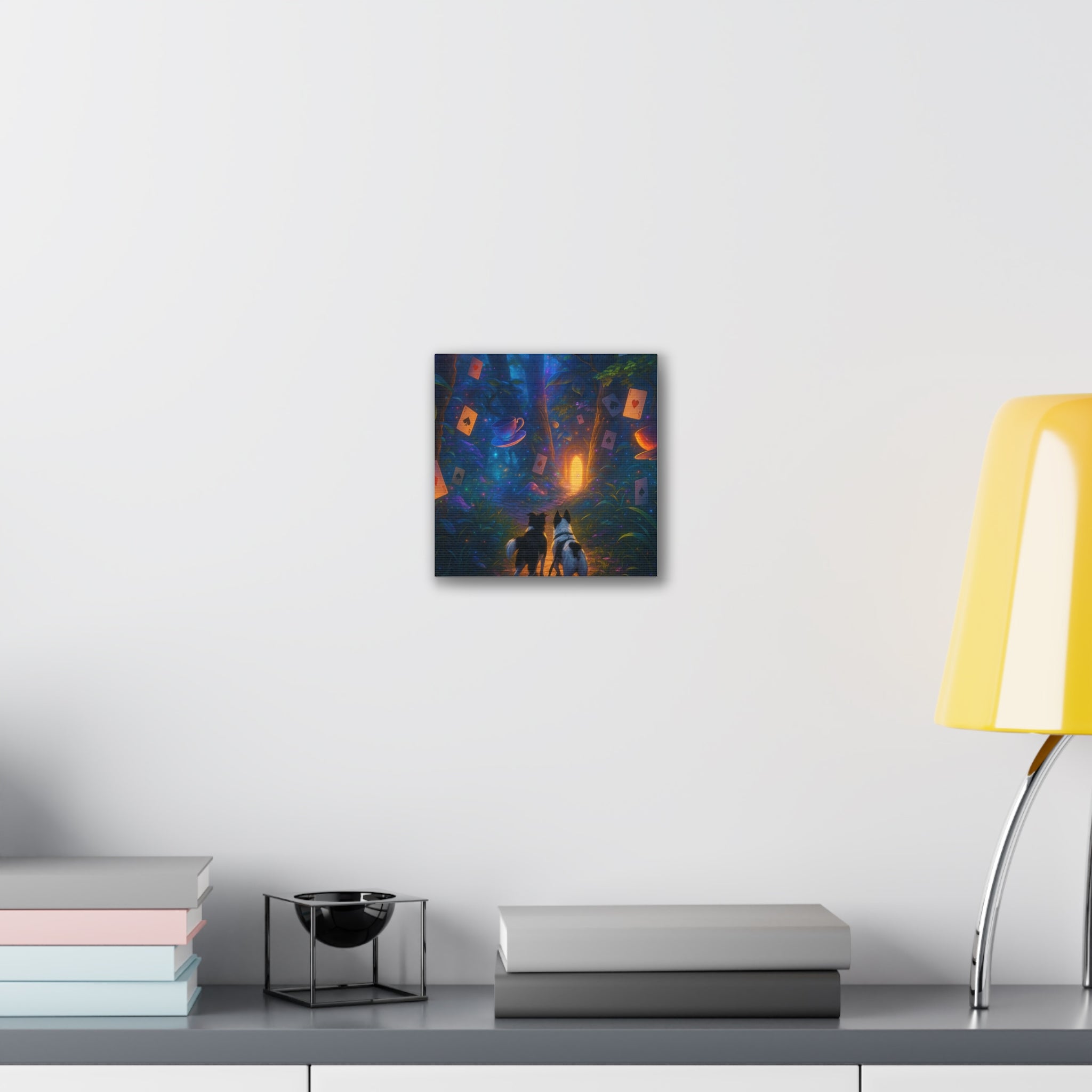 Magic Forest Canvas Wall Art — Dogs Exploring Wonderland with Glowing Door & Floating Playing Cards