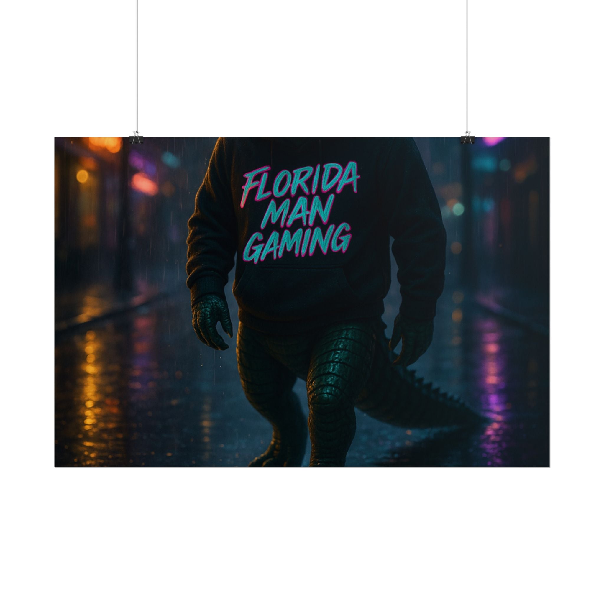 Rolled Posters - Florida Man Gaming Alligator Neon Cyberpunk Scene