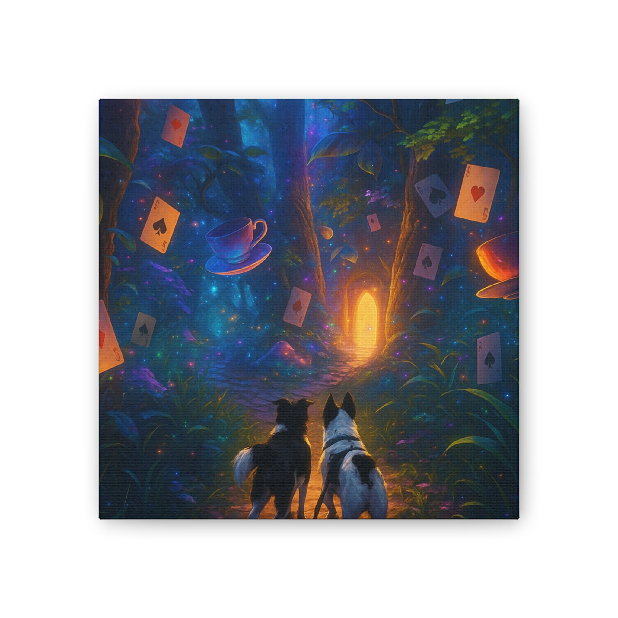 Magic Forest Canvas Wall Art — Dogs Exploring Wonderland with Glowing Door & Floating Playing Cards