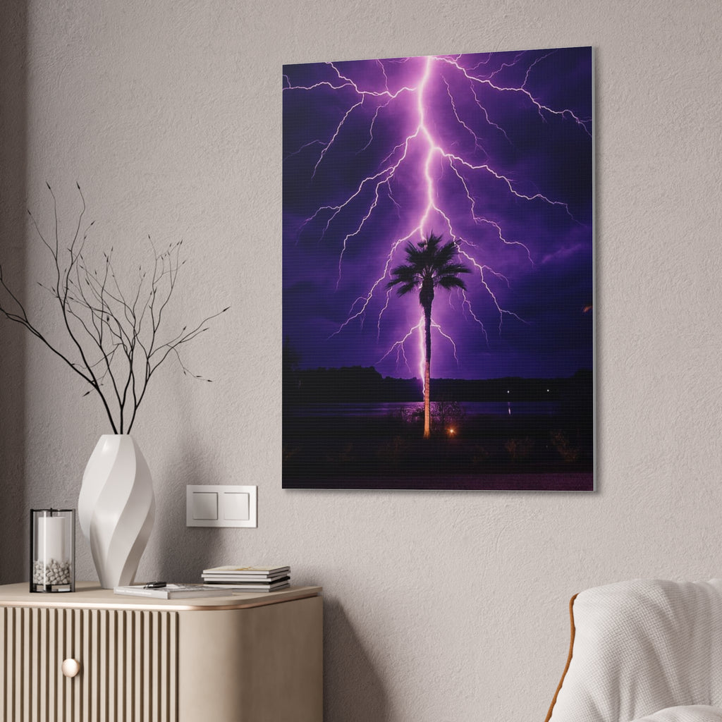 Purple Lightning Palm Tree Canvas Wall Art — Storm Photography Stretched Canvas