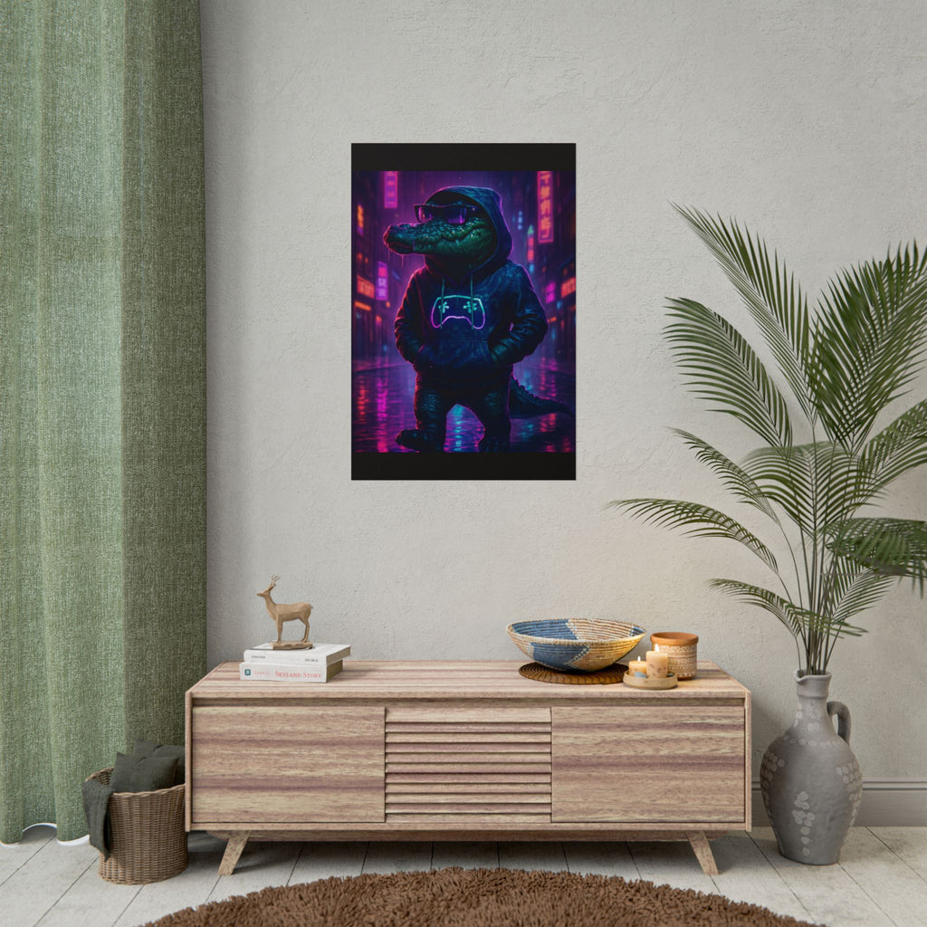 Rolled Posters - Florida Man Gaming Alligator Neon Gamer Hoodie Poster Print