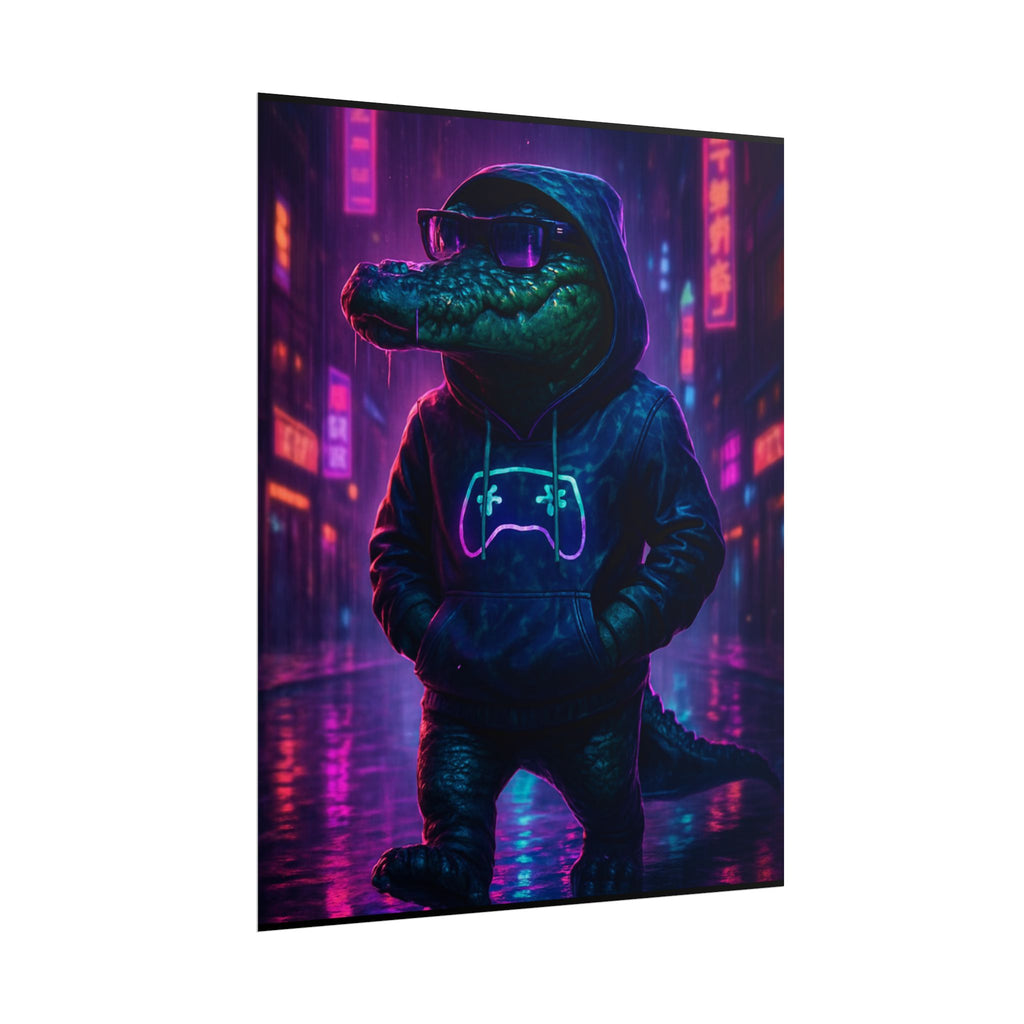 Rolled Posters - Florida Man Gaming Alligator Neon Gamer Hoodie Poster Print