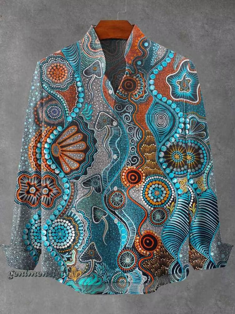 2025 Spring and Autumn Men'S Fashion Stand Collar Linen Long Sleeved Shirt Elegant Fragmented Pattern Printed Top