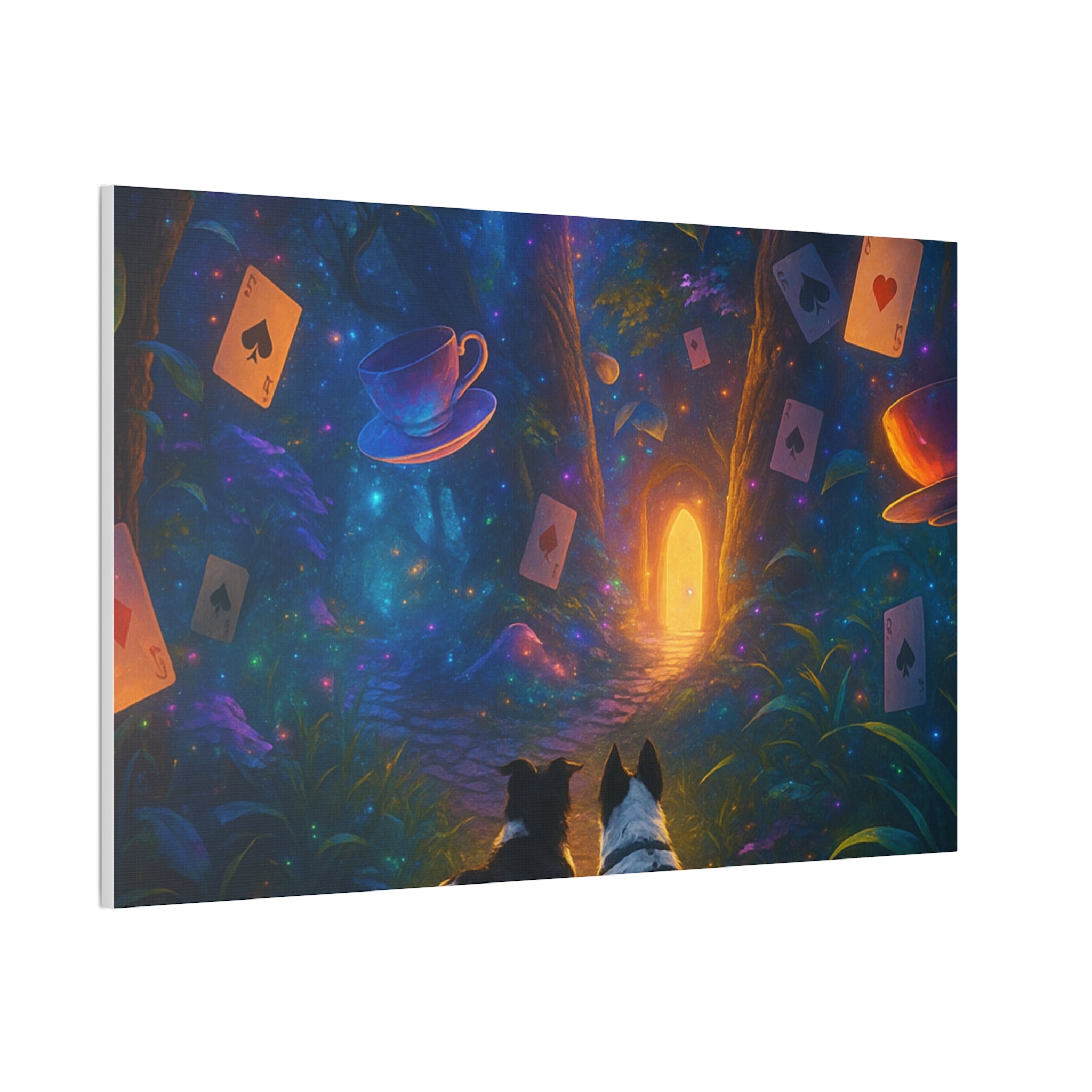 Magic Forest Canvas Wall Art — Dogs Exploring Wonderland with Glowing Door & Floating Playing Cards