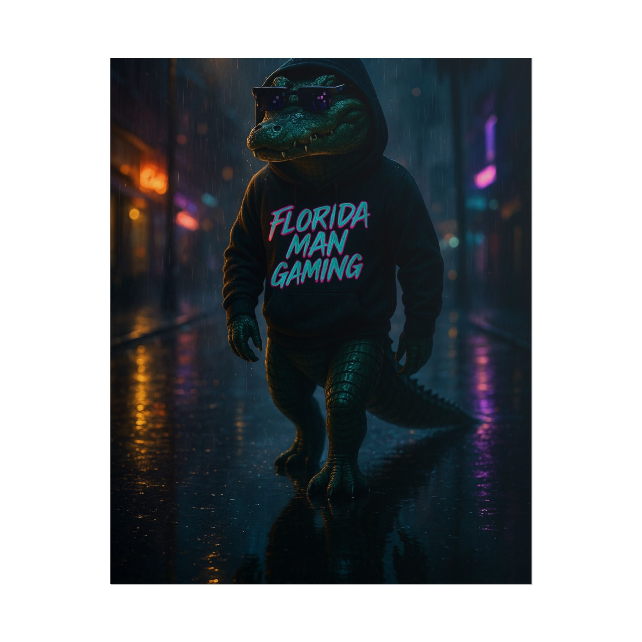 Rolled Posters - Florida Man Gaming Alligator Neon Cyberpunk Scene