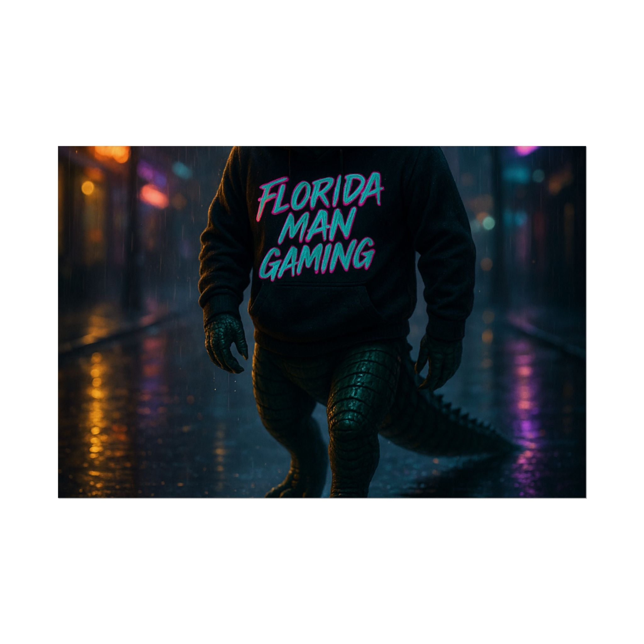 Rolled Posters - Florida Man Gaming Alligator Neon Cyberpunk Scene