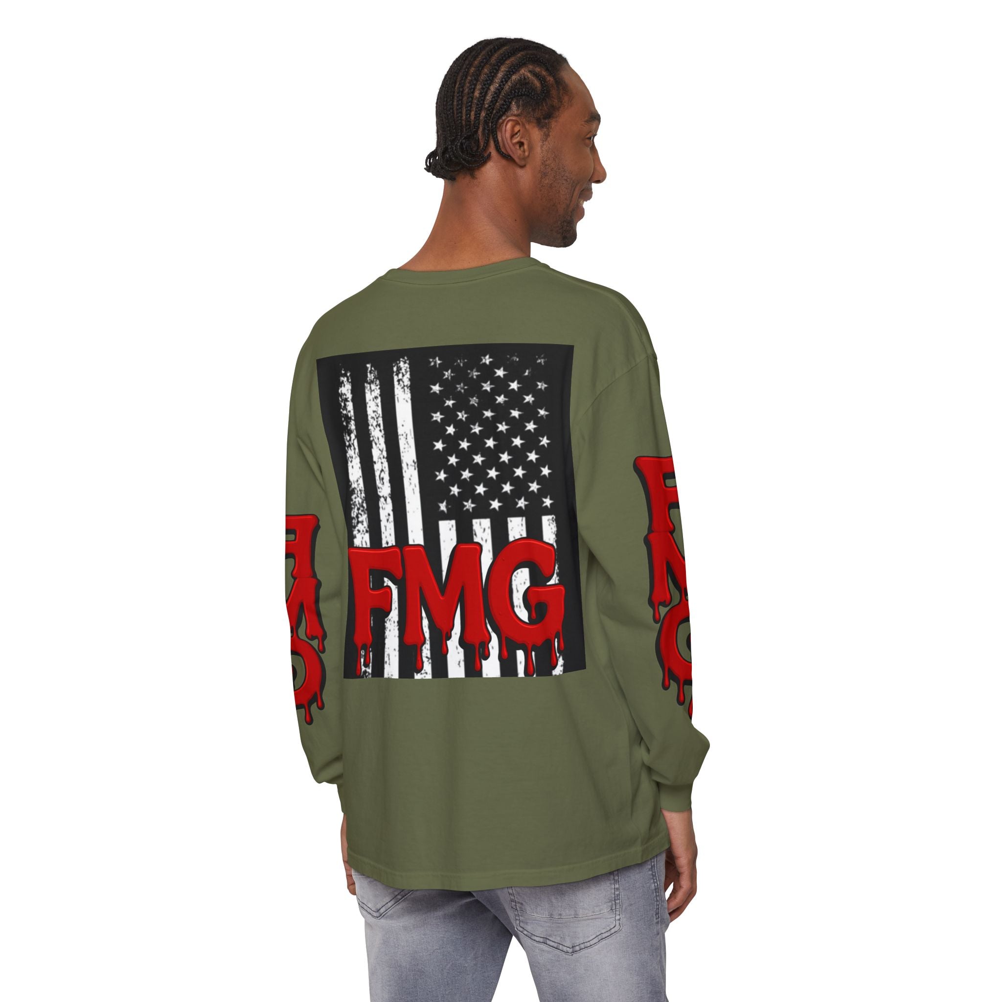 Long Sleeve T-Shirt — Distressed American Flag with Dripping "FMG" Sleeves