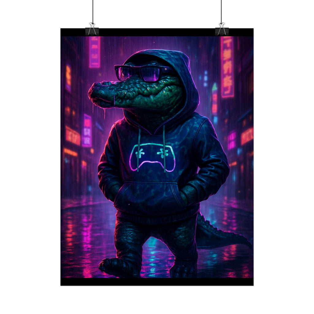 Rolled Posters - Florida Man Gaming Alligator Neon Gamer Hoodie Poster Print