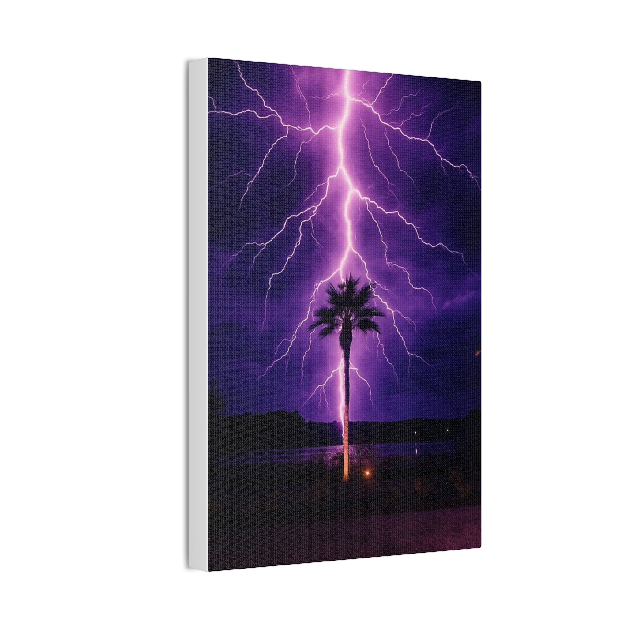Purple Lightning Palm Tree Canvas Wall Art — Storm Photography Stretched Canvas