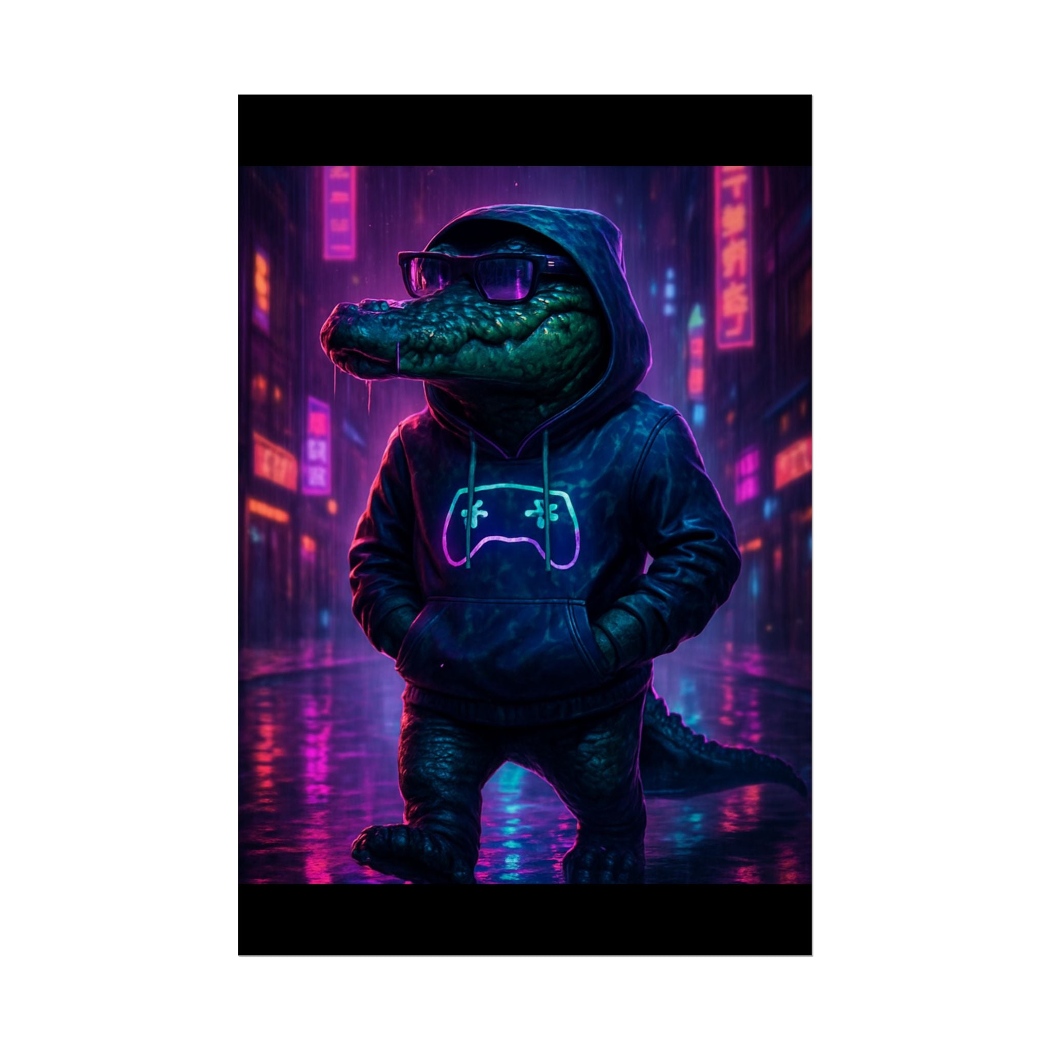 Rolled Posters - Florida Man Gaming Alligator Neon Gamer Hoodie Poster Print