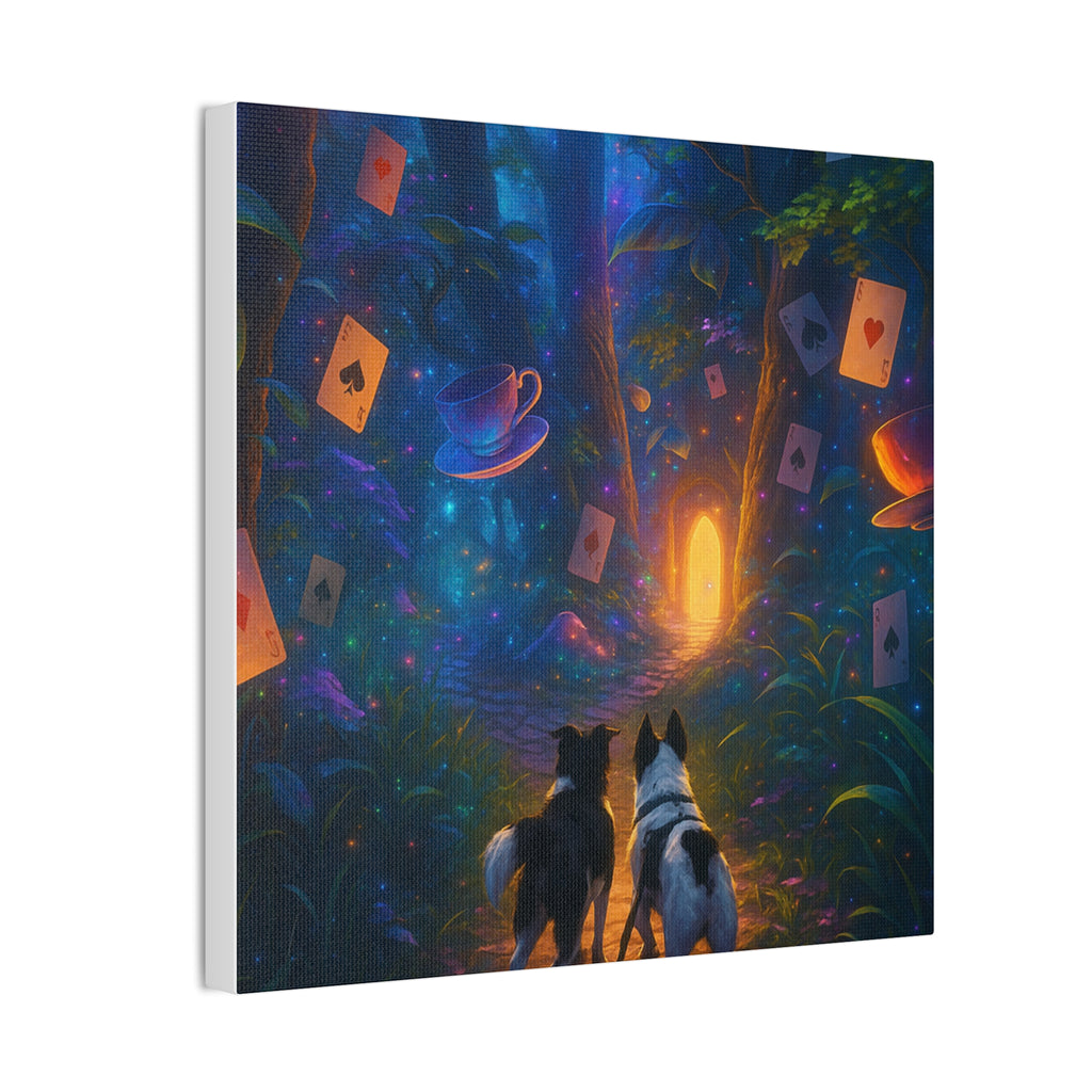 Magic Forest Canvas Wall Art — Dogs Exploring Wonderland with Glowing Door & Floating Playing Cards