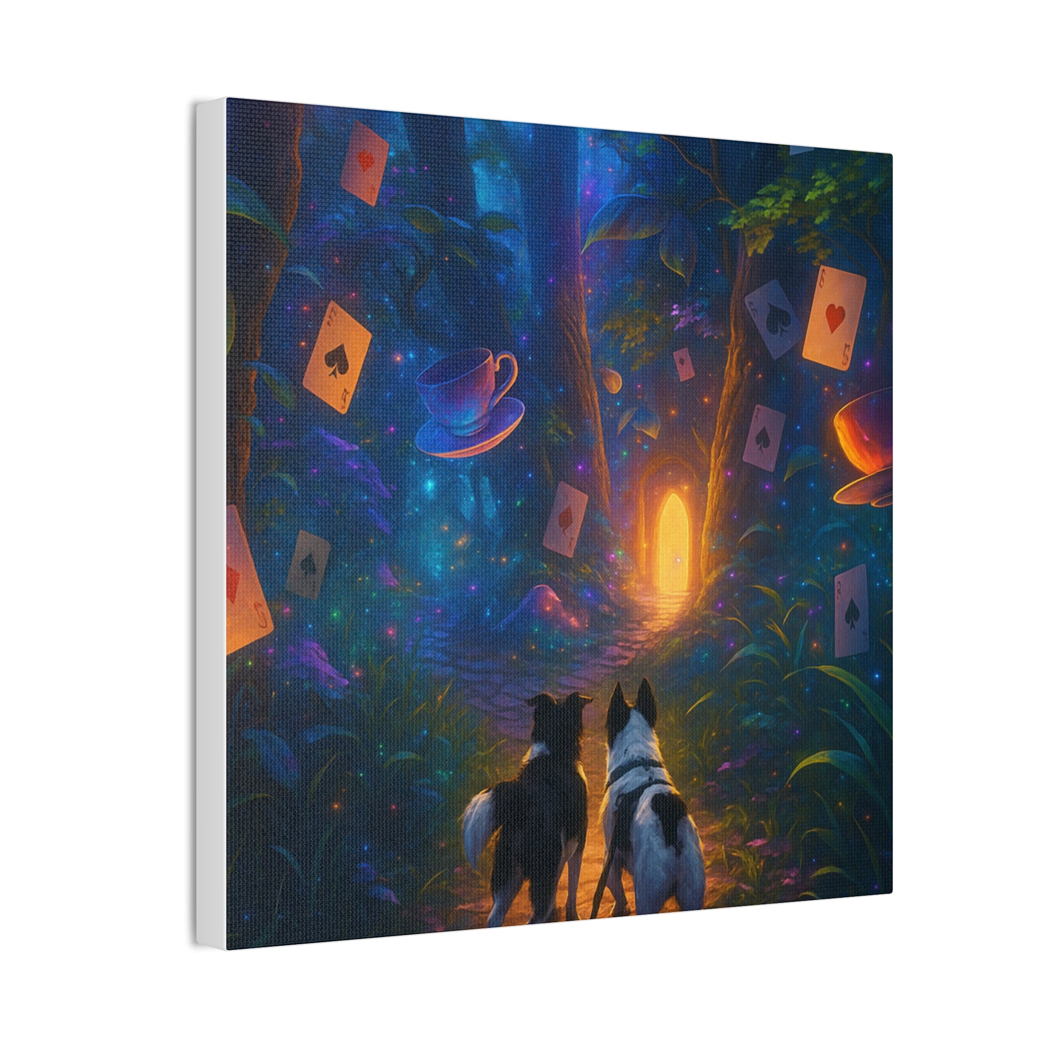 Magic Forest Canvas Wall Art — Dogs Exploring Wonderland with Glowing Door & Floating Playing Cards
