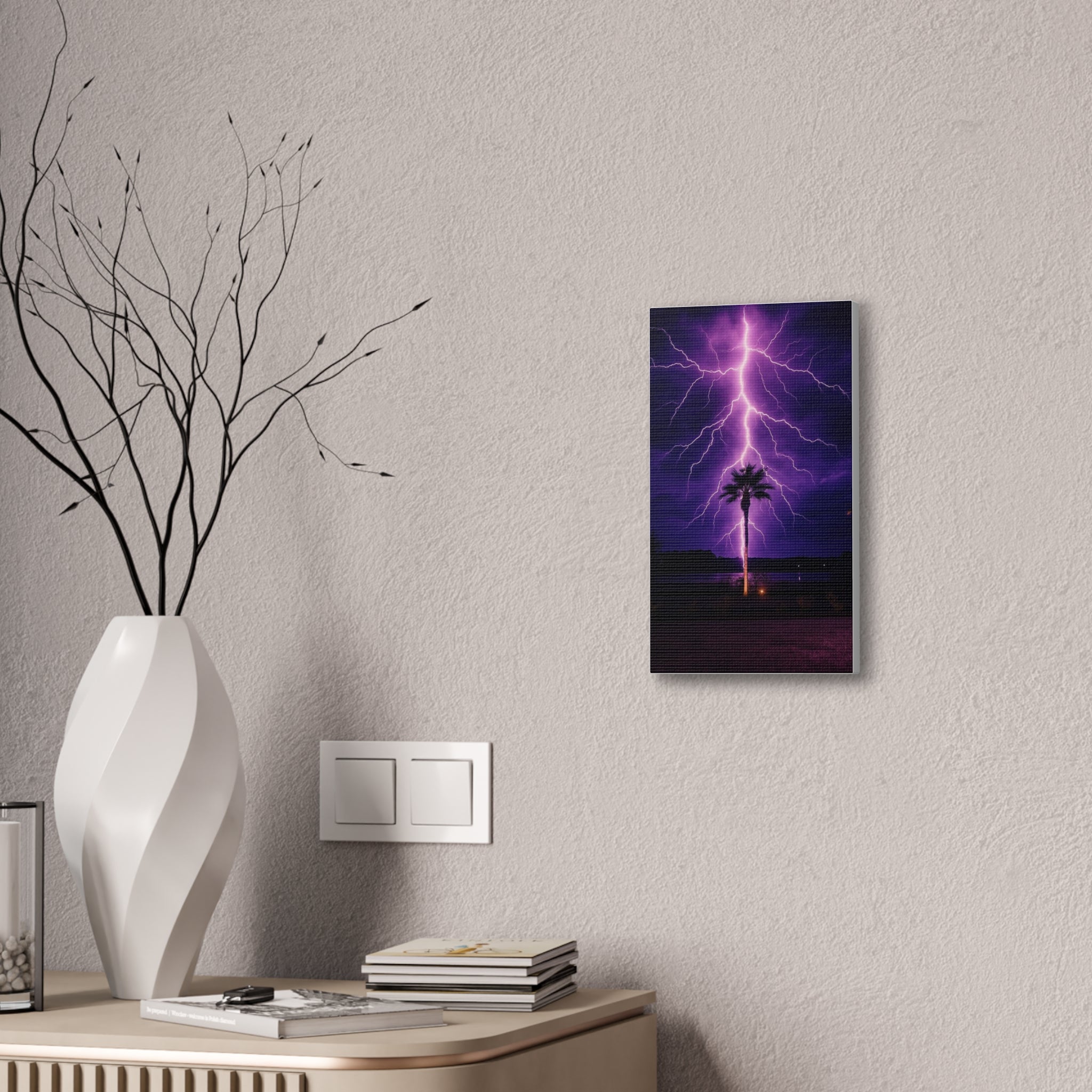 Purple Lightning Palm Tree Canvas Wall Art — Storm Photography Stretched Canvas