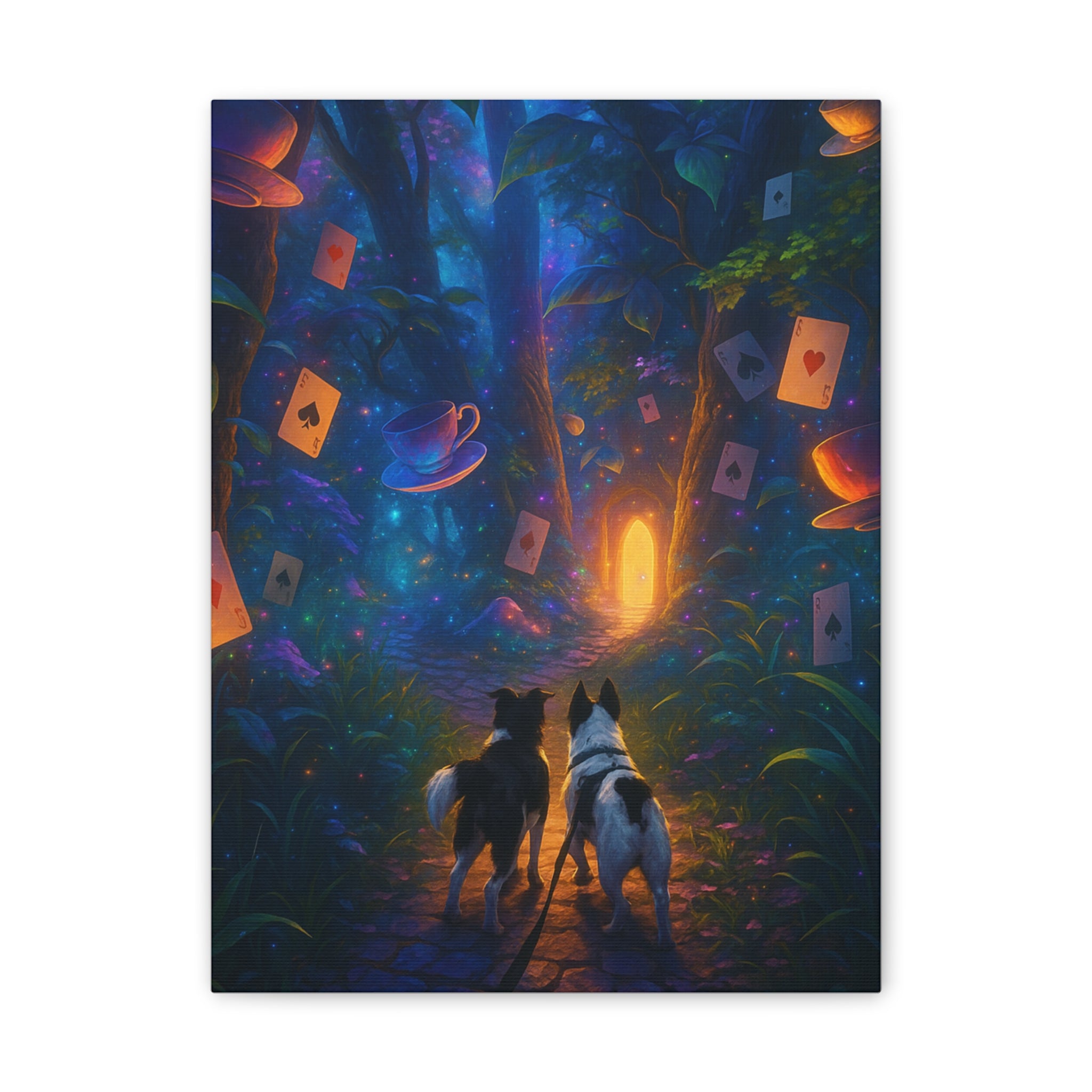 Magic Forest Canvas Wall Art — Dogs Exploring Wonderland with Glowing Door & Floating Playing Cards