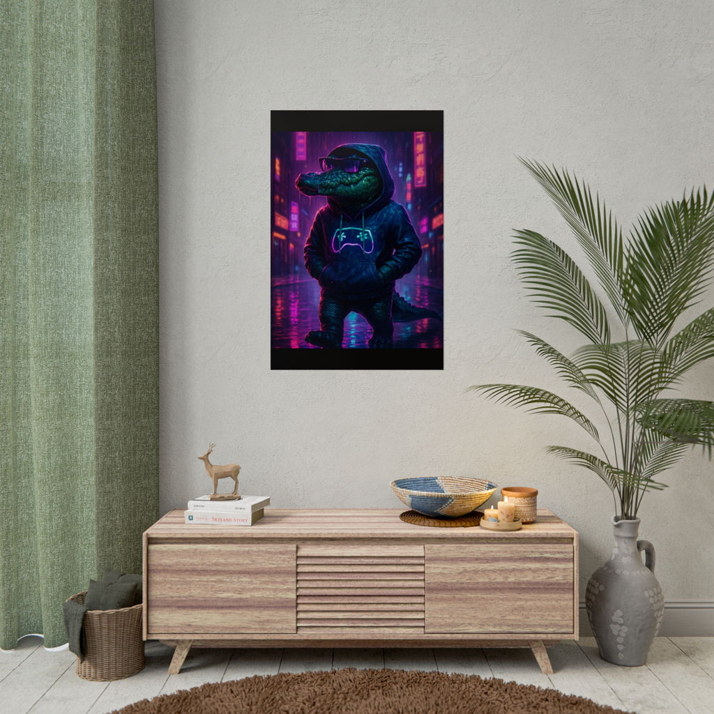Rolled Posters - Florida Man Gaming Alligator Neon Gamer Hoodie Poster Print