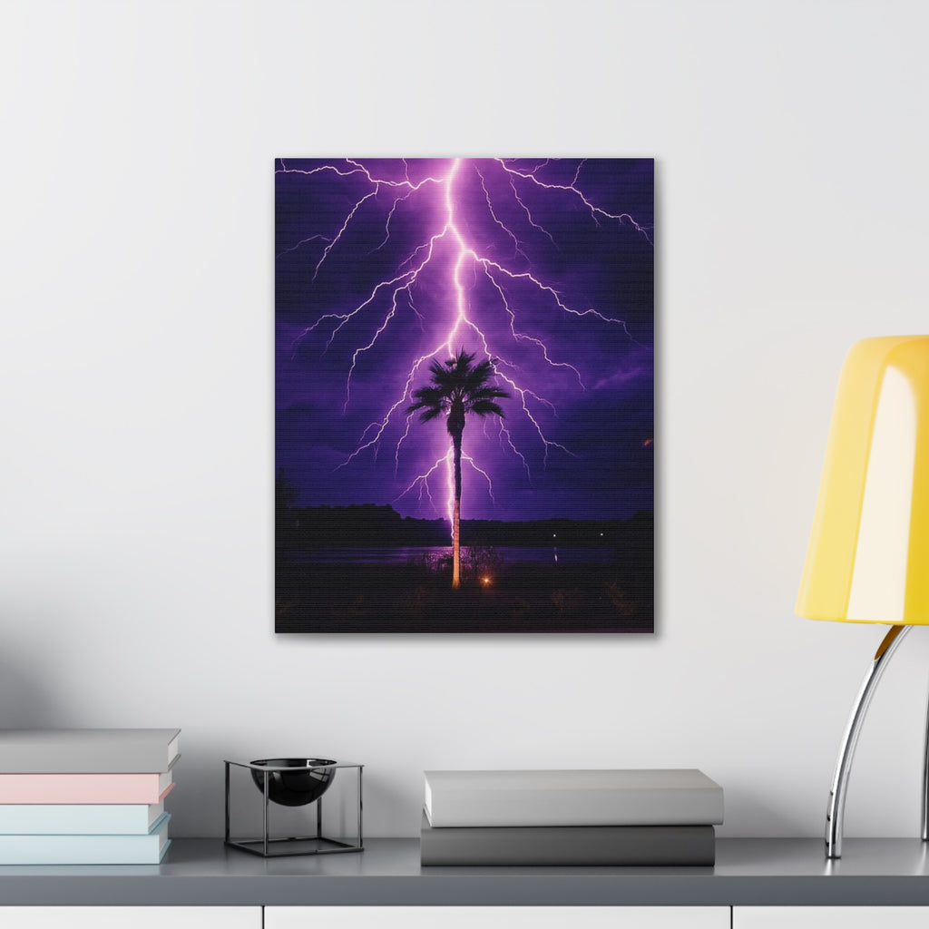 Purple Lightning Palm Tree Canvas Wall Art — Storm Photography Stretched Canvas