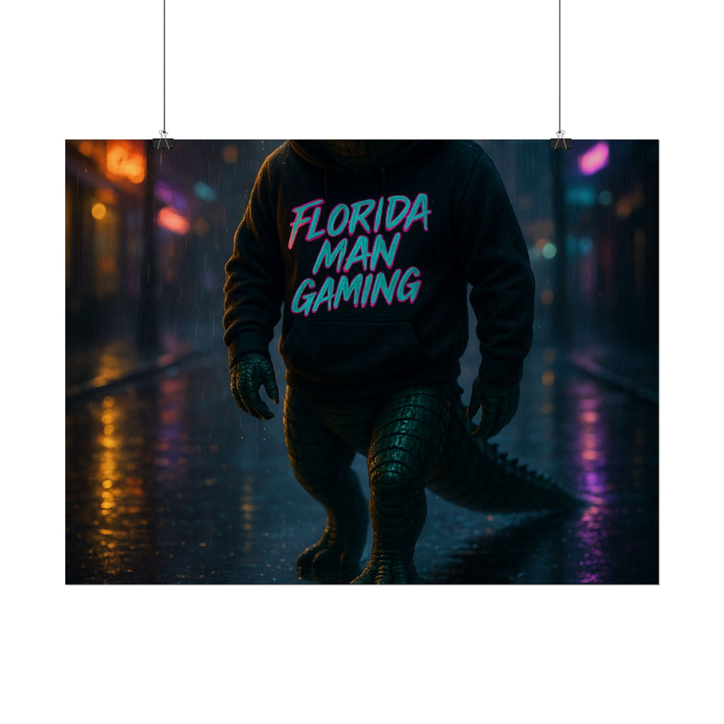 Rolled Posters - Florida Man Gaming Alligator Neon Cyberpunk Scene