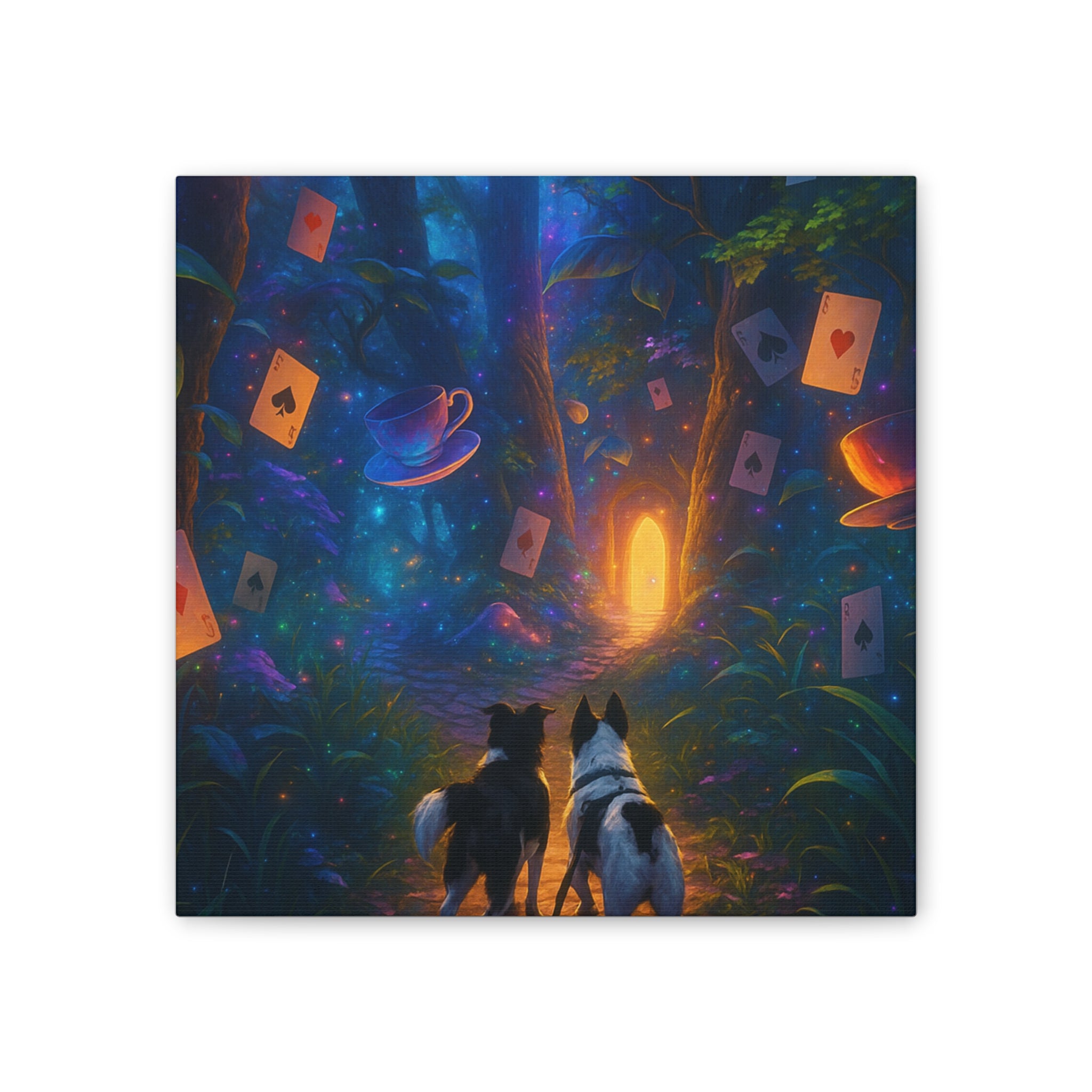 Magic Forest Canvas Wall Art — Dogs Exploring Wonderland with Glowing Door & Floating Playing Cards