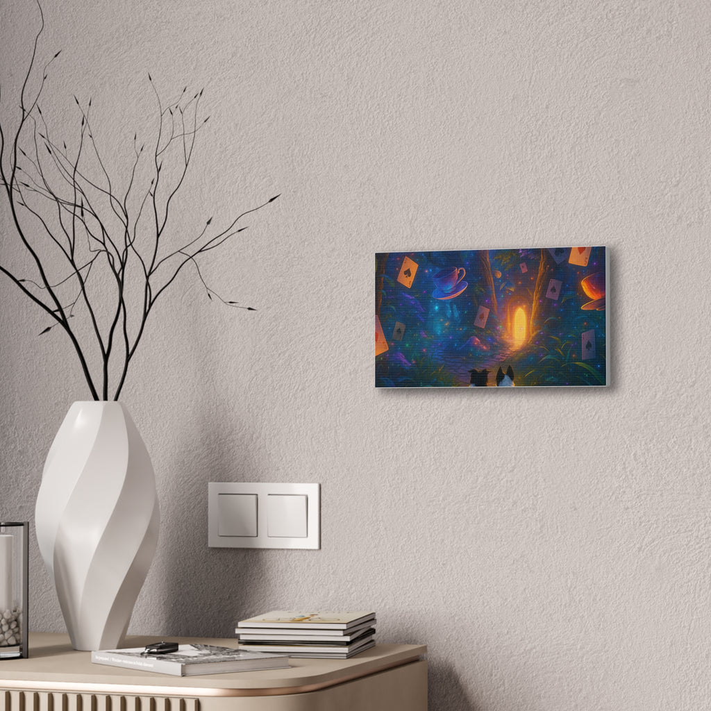 Magic Forest Canvas Wall Art — Dogs Exploring Wonderland with Glowing Door & Floating Playing Cards