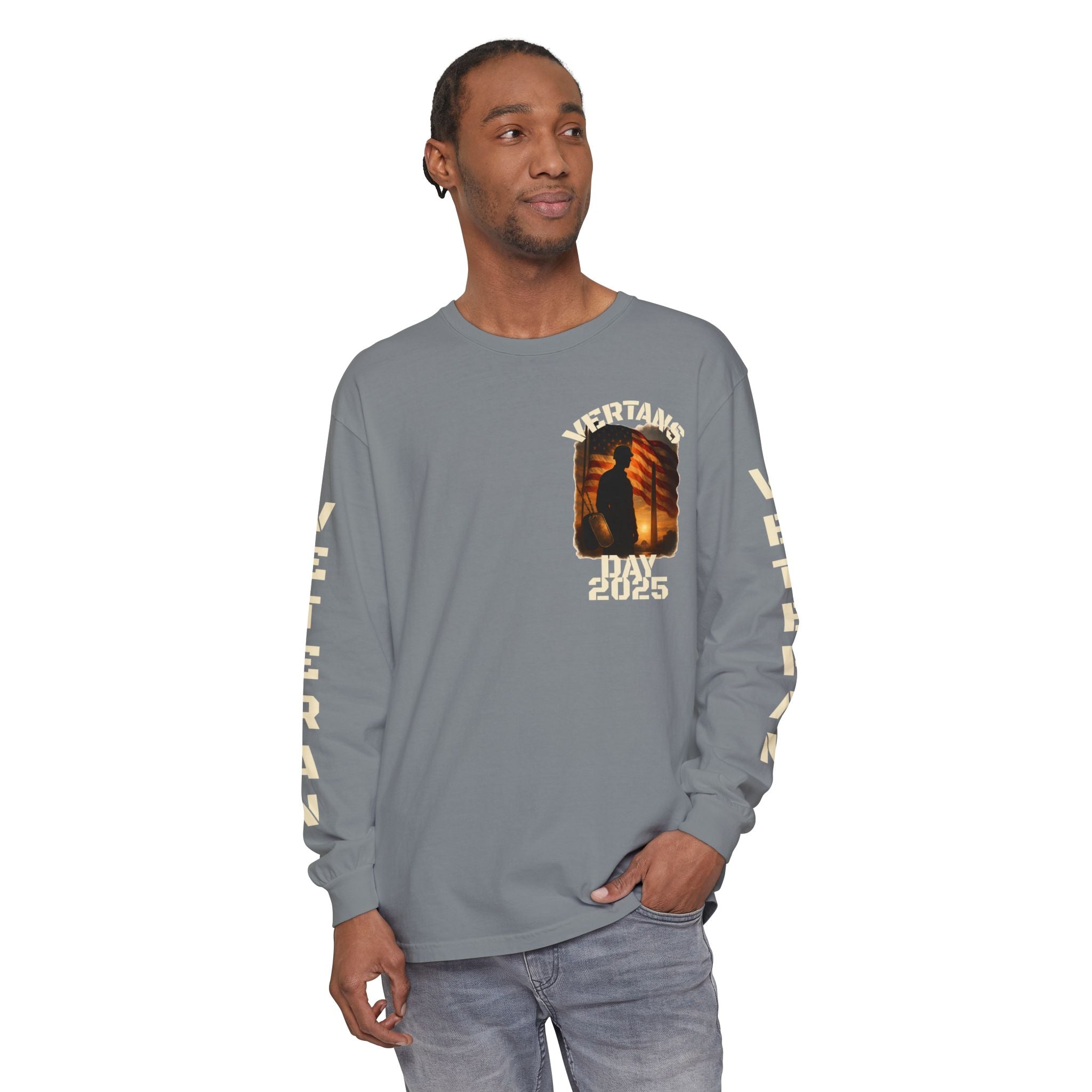 Veteran Tribute Long Sleeve T-Shirt — Patriotic Flag & Poem Design