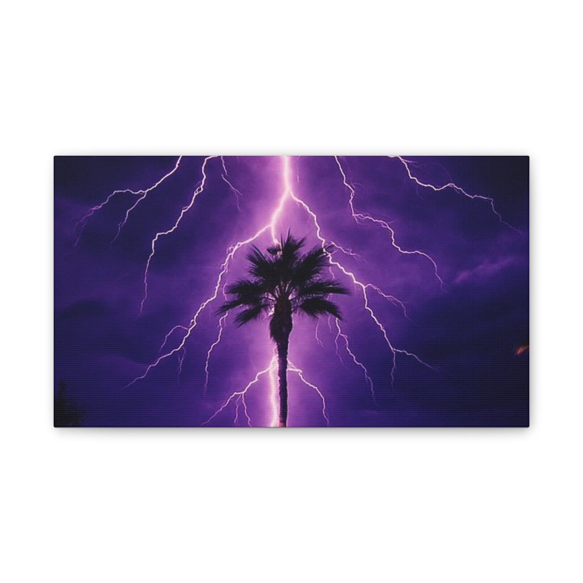 Purple Lightning Palm Tree Canvas Wall Art — Storm Photography Stretched Canvas
