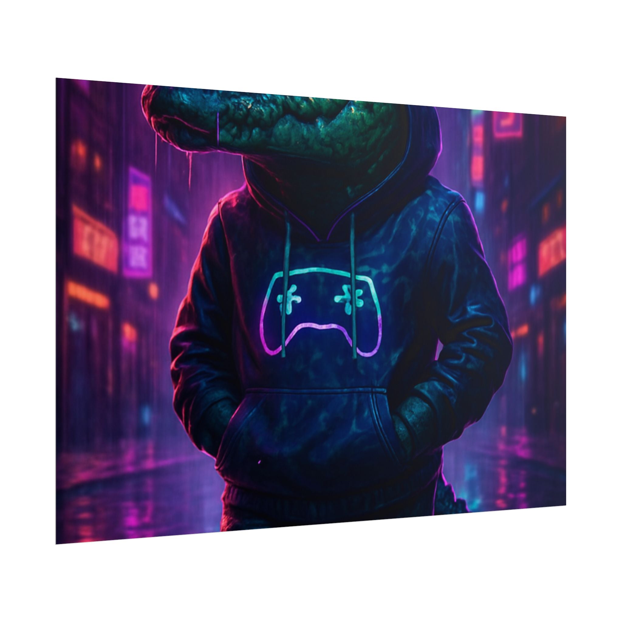 Rolled Posters - Florida Man Gaming Alligator Neon Gamer Hoodie Poster Print