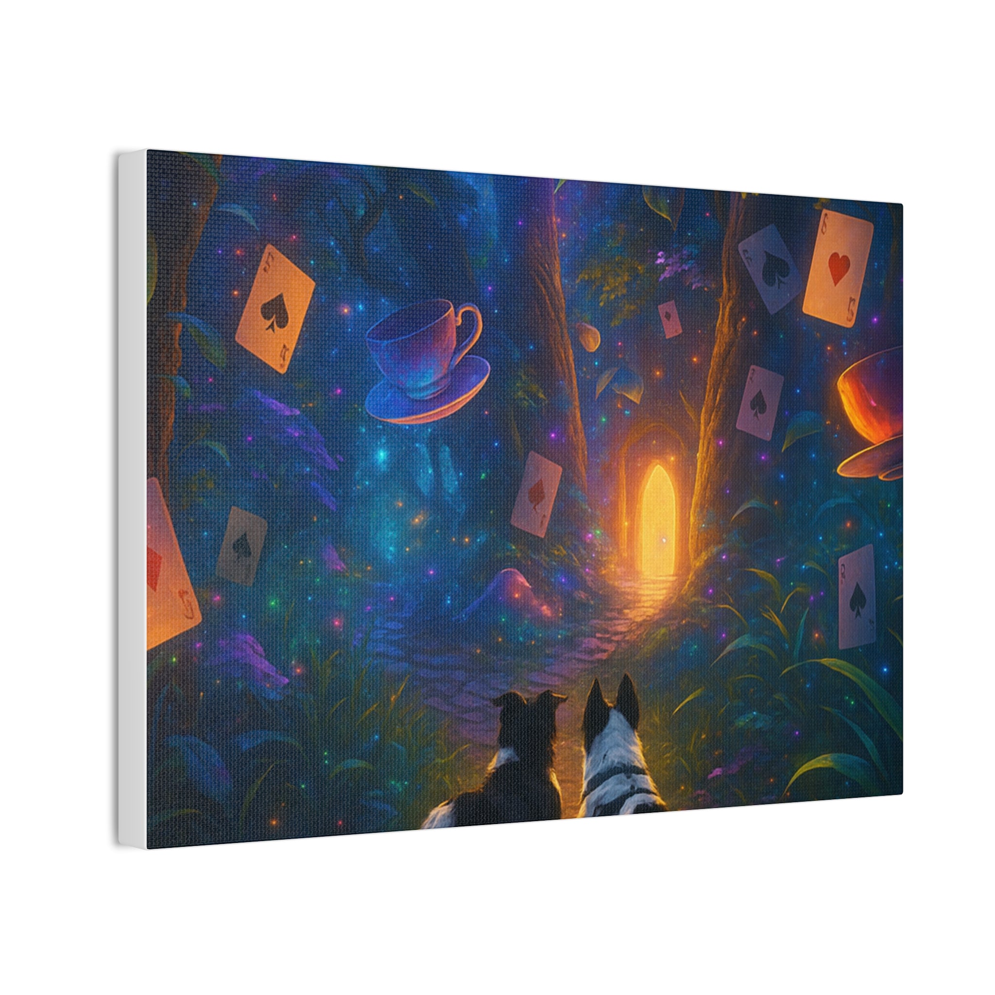 Magic Forest Canvas Wall Art — Dogs Exploring Wonderland with Glowing Door & Floating Playing Cards