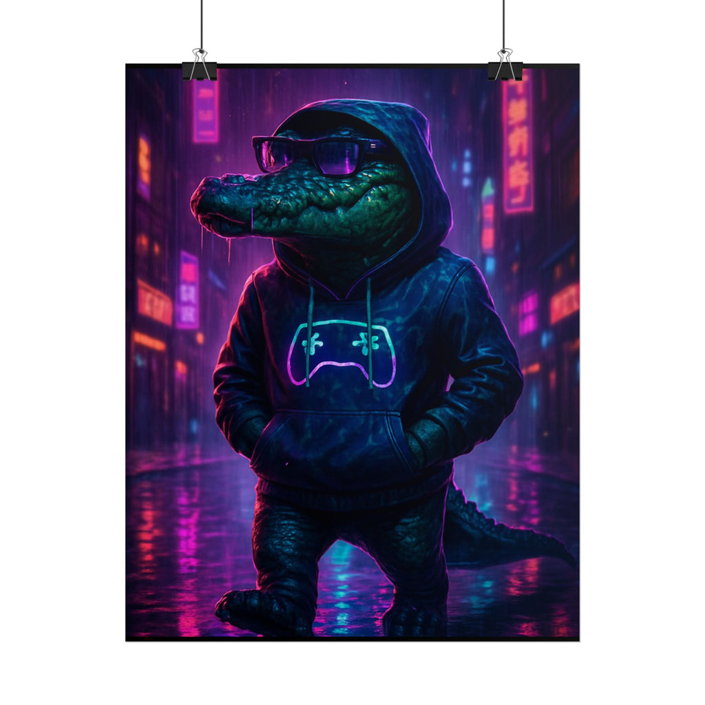 Rolled Posters - Florida Man Gaming Alligator Neon Gamer Hoodie Poster Print