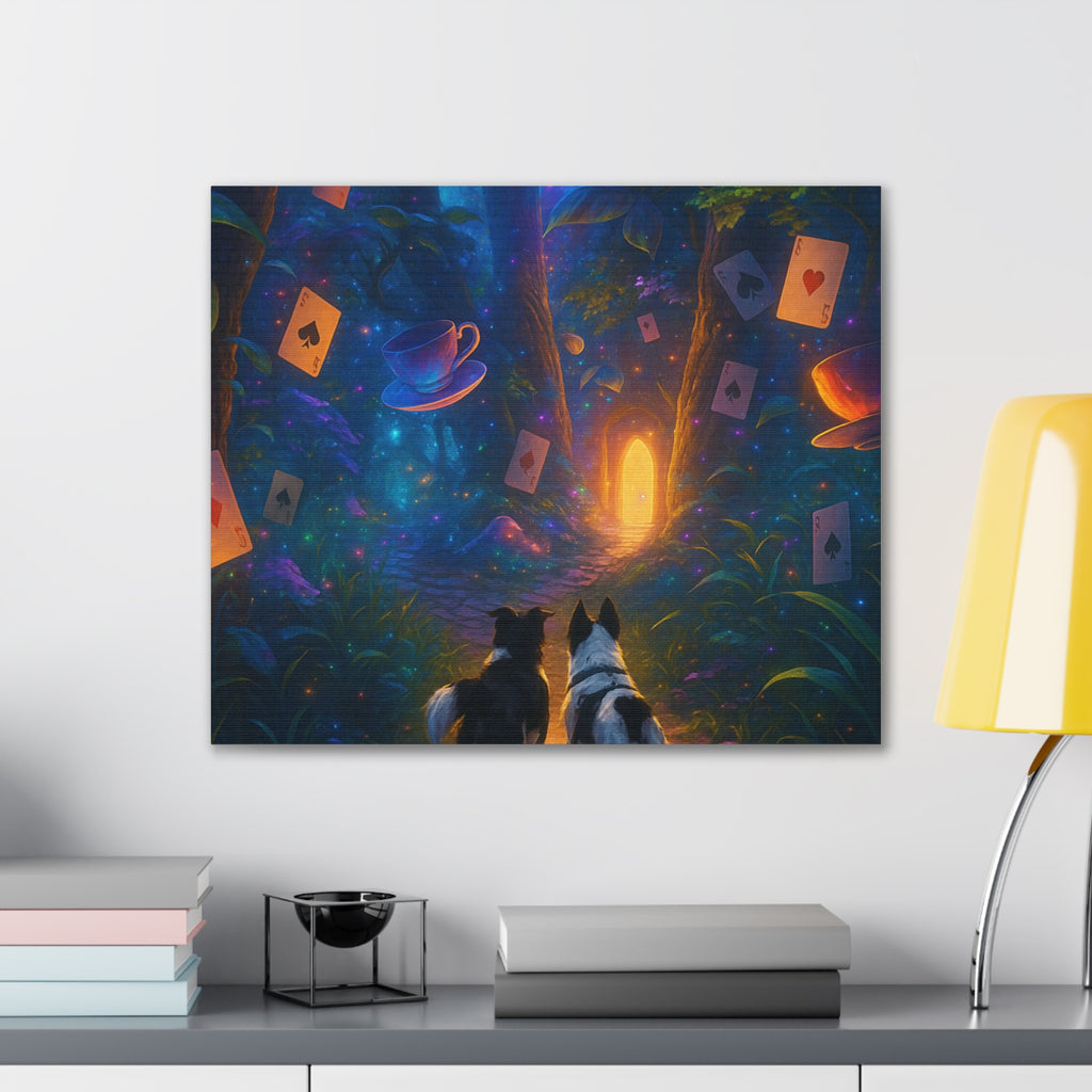 Magic Forest Canvas Wall Art — Dogs Exploring Wonderland with Glowing Door & Floating Playing Cards